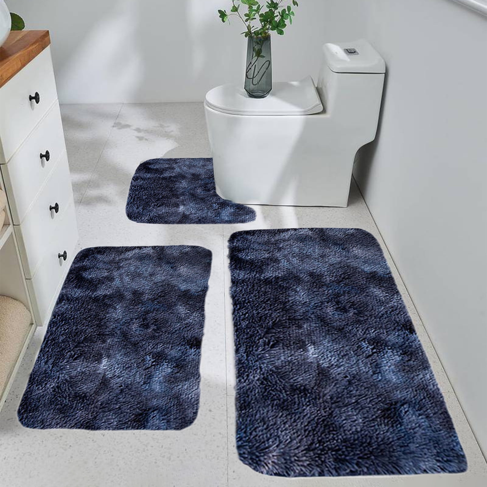 Tyidzon 5Pc Bath Mats for Bathroom, Quick-Dry Bathroom Rugs Sets Washable Non-Slip Bath Mat Ultra Soft Absorbent with U-Shaped Toilet for Bathroom, Tub, Shower, Gray 01-Dark Blue - Image 2