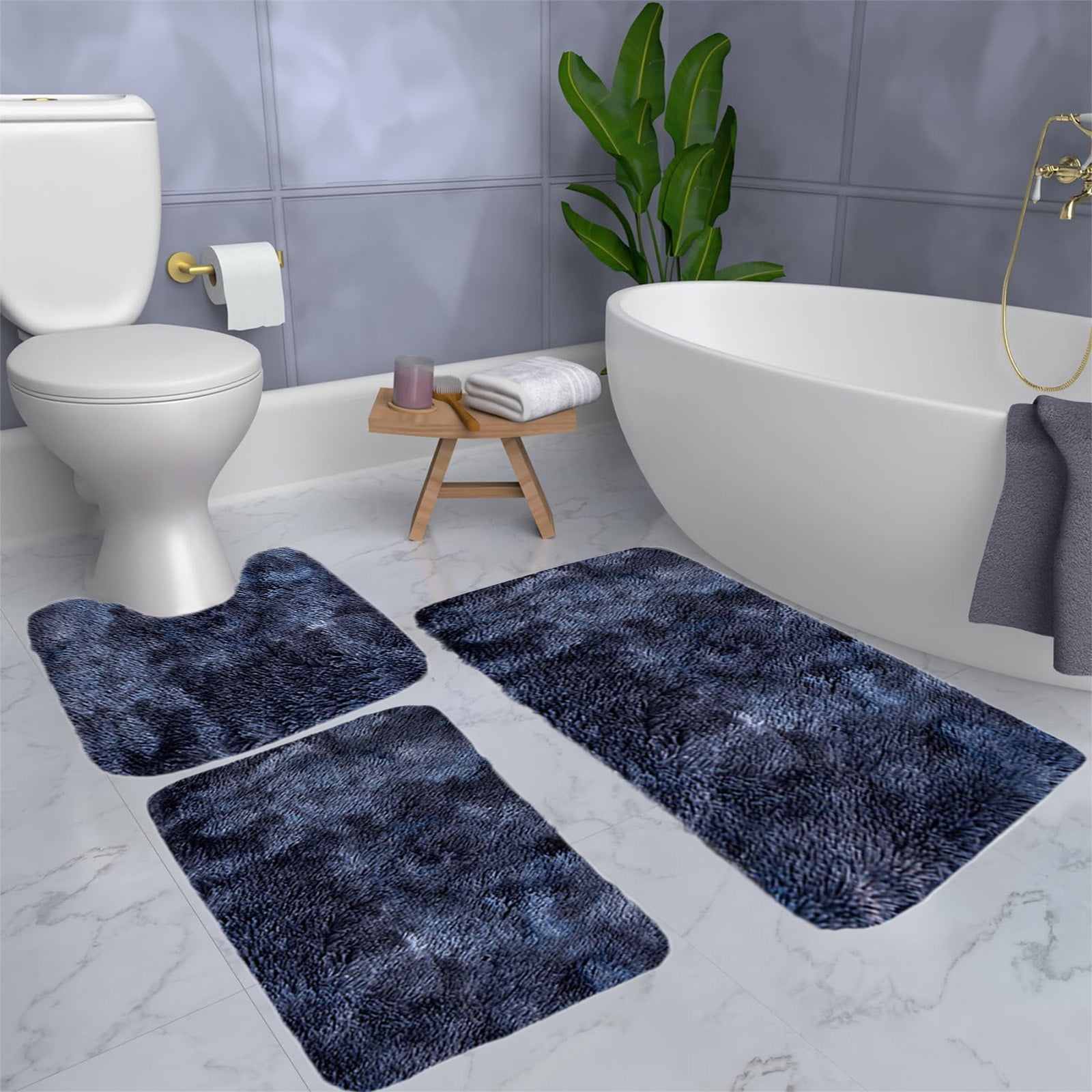Tyidzon 5Pc Bath Mats for Bathroom, Quick-Dry Bathroom Rugs Sets Washable Non-Slip Bath Mat Ultra Soft Absorbent with U-Shaped Toilet for Bathroom, Tub, Shower, Gray 01-Dark Blue - Image 7