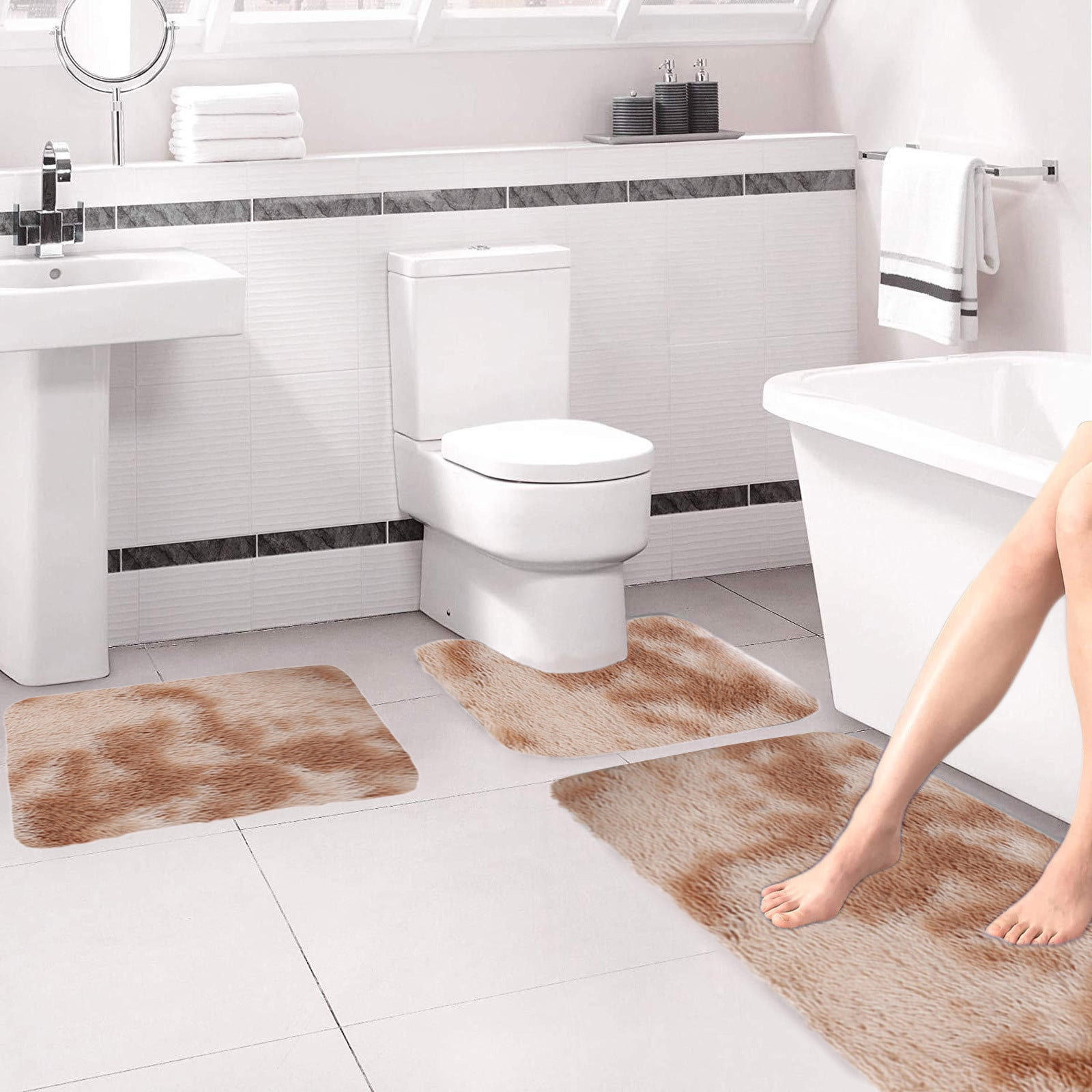 Tyidzon 5Pc Bath Mats for Bathroom, Quick-Dry Bathroom Rugs Sets Washable Non-Slip Bath Mat Ultra Soft Absorbent with U-Shaped Toilet for Bathroom, Tub, Shower, Gray 01-Khaki - Image 4