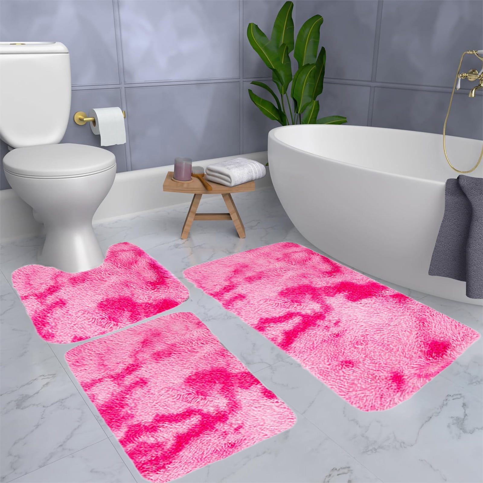 Tyidzon 5Pc Bath Mats for Bathroom, Quick-Dry Bathroom Rugs Sets Washable Non-Slip Bath Mat Ultra Soft Absorbent with U-Shaped Toilet for Bathroom, Tub, Shower, Gray 01-Pink - Image 7