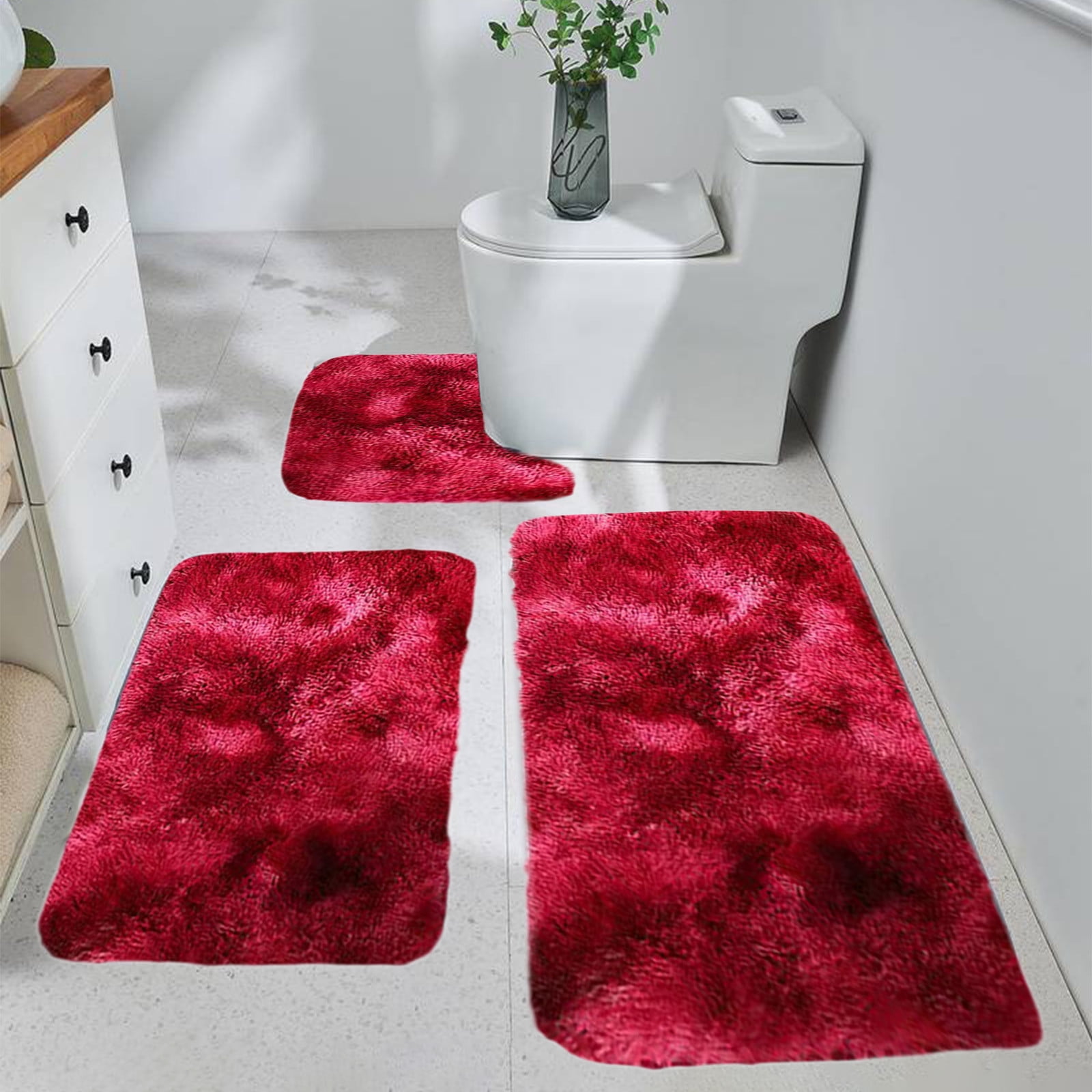 Tyidzon 5Pc Bath Mats for Bathroom, Quick-Dry Bathroom Rugs Sets Washable Non-Slip Bath Mat Ultra Soft Absorbent with U-Shaped Toilet for Bathroom, Tub, Shower, Gray 01-Red - Image 2
