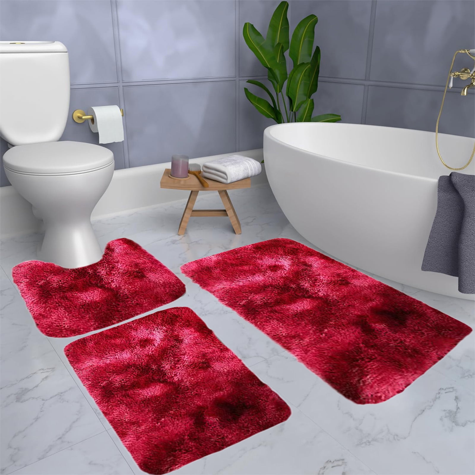 Tyidzon 5Pc Bath Mats for Bathroom, Quick-Dry Bathroom Rugs Sets Washable Non-Slip Bath Mat Ultra Soft Absorbent with U-Shaped Toilet for Bathroom, Tub, Shower, Gray 01-Red - Image 7