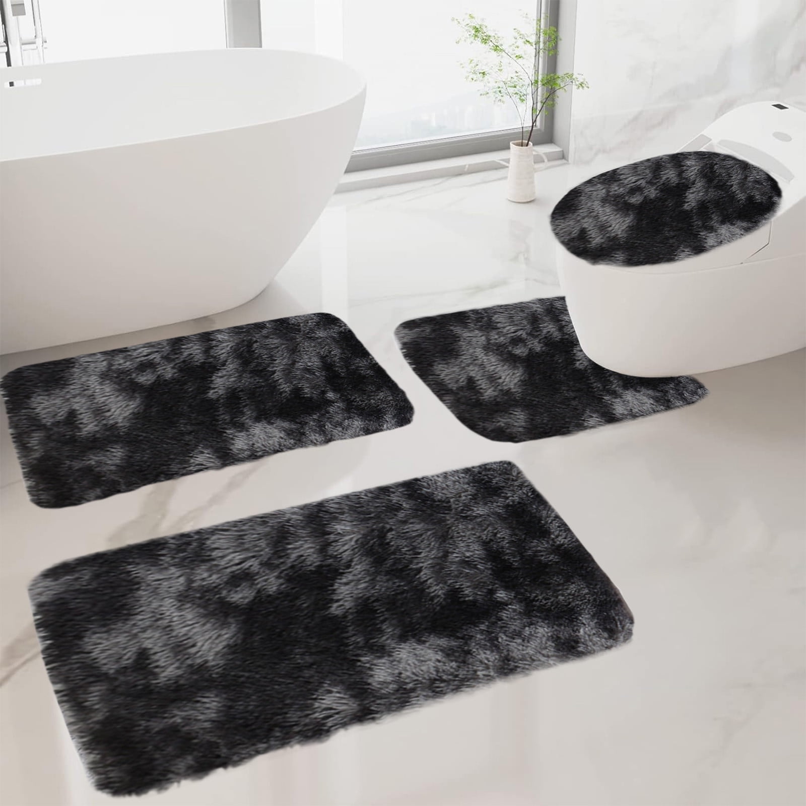 Tyidzon 5Pc Bath Mats for Bathroom, Quick-Dry Bathroom Rugs Sets Washable Non-Slip Bath Mat Ultra Soft Absorbent with U-Shaped Toilet for Bathroom, Tub, Shower, Gray 02-Black - Image 2