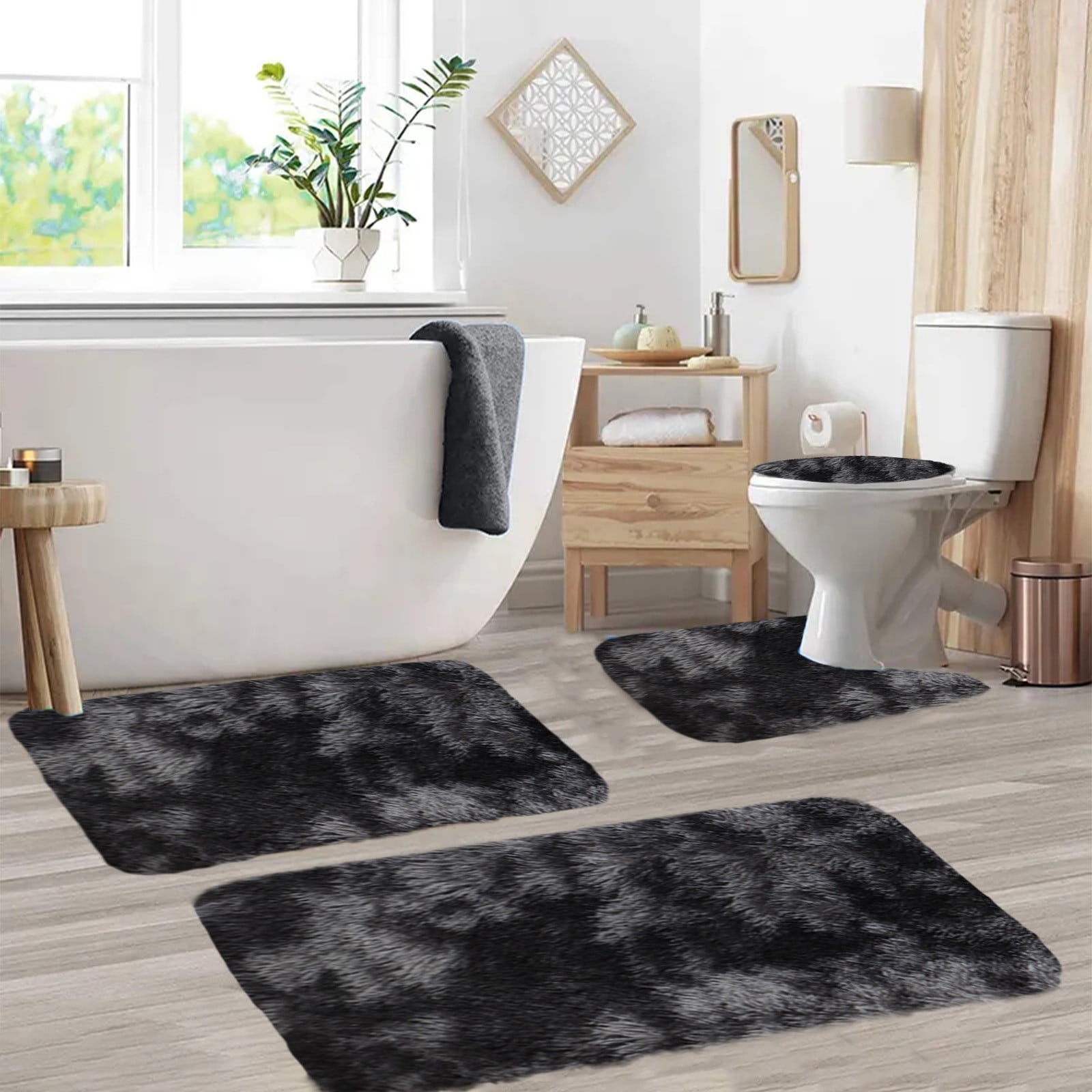 Tyidzon 5Pc Bath Mats for Bathroom, Quick-Dry Bathroom Rugs Sets Washable Non-Slip Bath Mat Ultra Soft Absorbent with U-Shaped Toilet for Bathroom, Tub, Shower, Gray 02-Black - Image 4