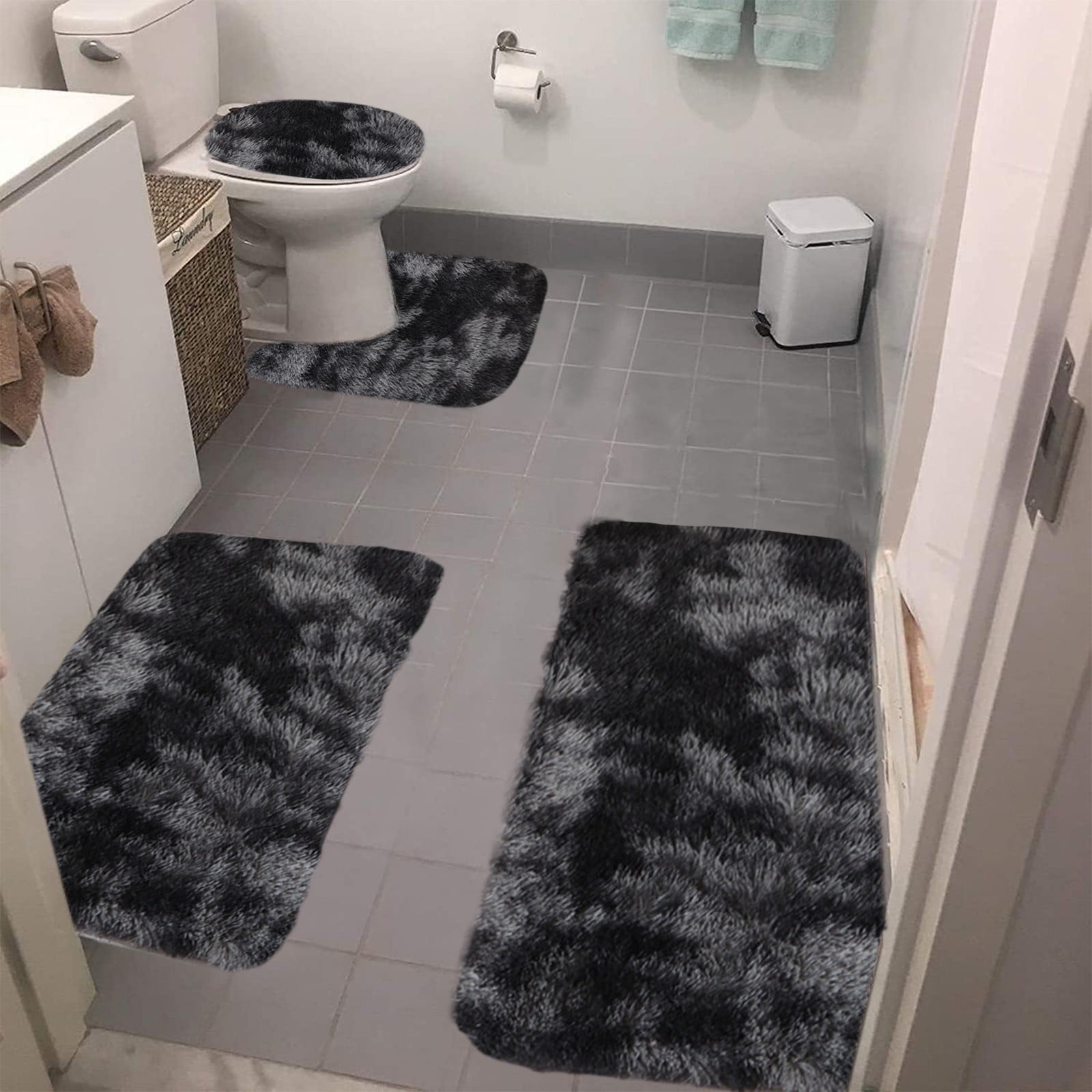 Tyidzon 5Pc Bath Mats for Bathroom, Quick-Dry Bathroom Rugs Sets Washable Non-Slip Bath Mat Ultra Soft Absorbent with U-Shaped Toilet for Bathroom, Tub, Shower, Gray 02-Black - Image 5