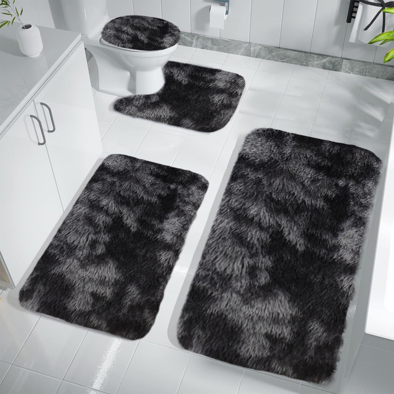 Tyidzon 5Pc Bath Mats for Bathroom, Quick-Dry Bathroom Rugs Sets Washable Non-Slip Bath Mat Ultra Soft Absorbent with U-Shaped Toilet for Bathroom, Tub, Shower, Gray 02-Black - Image 6
