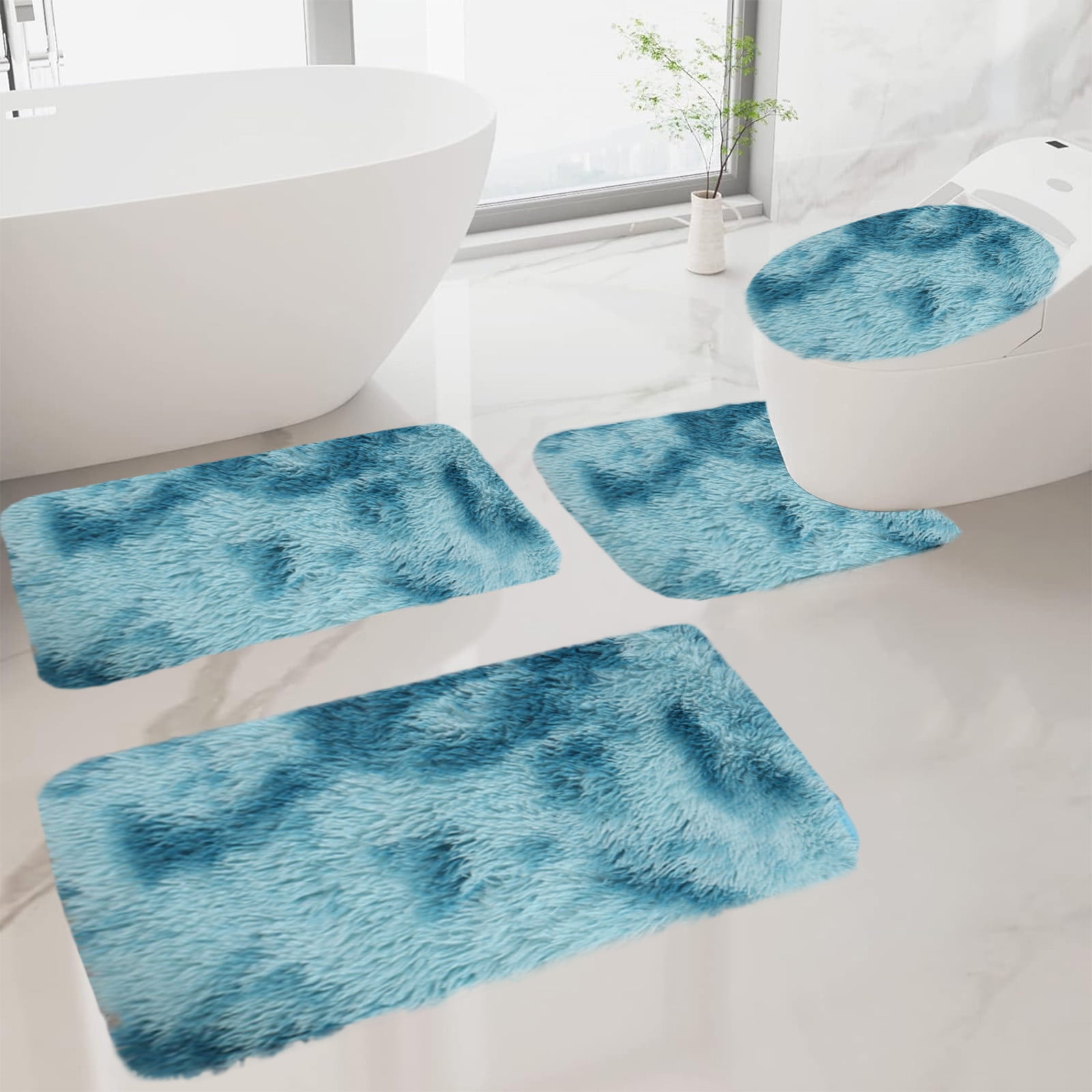 Tyidzon 5Pc Bath Mats for Bathroom, Quick-Dry Bathroom Rugs Sets Washable Non-Slip Bath Mat Ultra Soft Absorbent with U-Shaped Toilet for Bathroom, Tub, Shower, Gray 02-Blue - Image 2