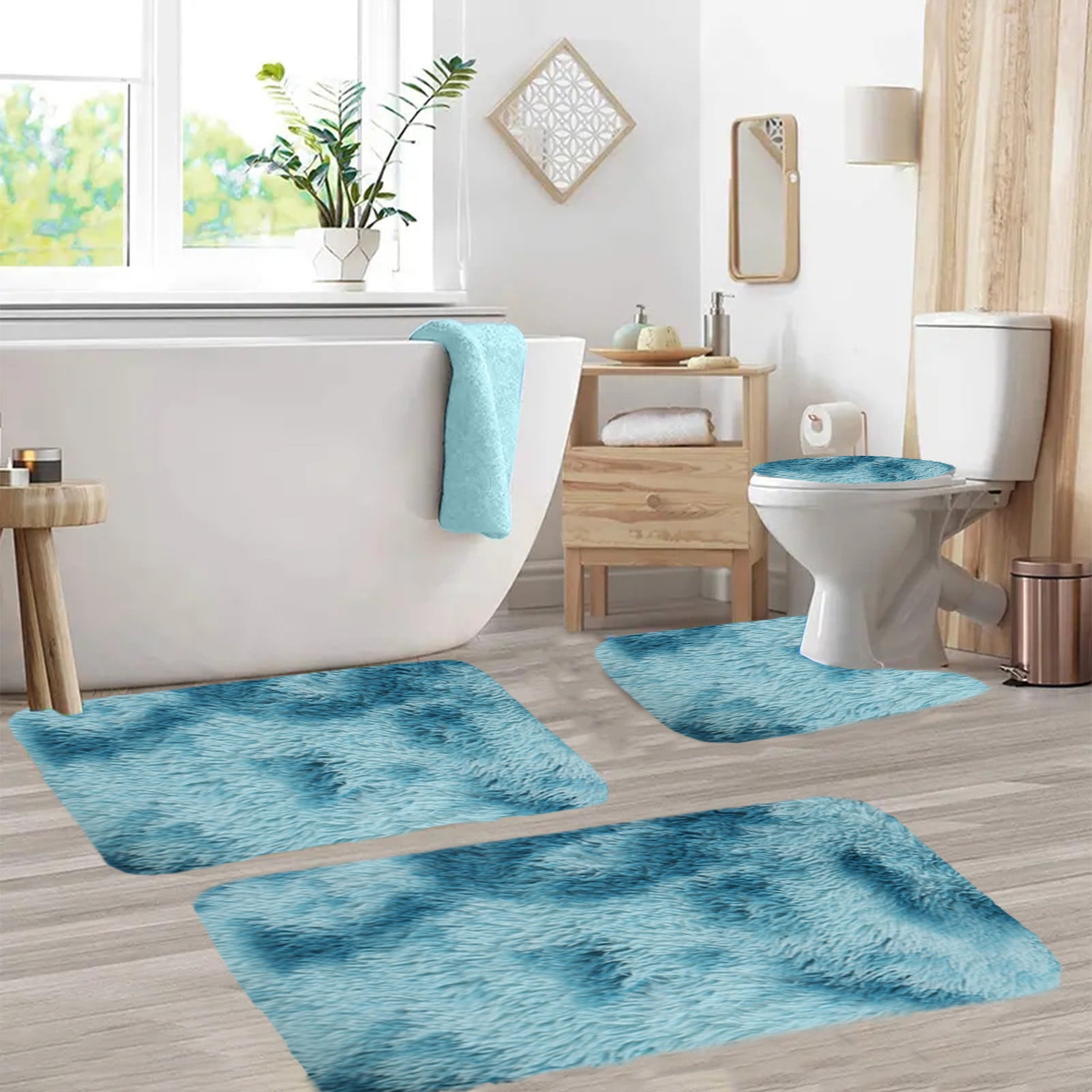 Tyidzon 5Pc Bath Mats for Bathroom, Quick-Dry Bathroom Rugs Sets Washable Non-Slip Bath Mat Ultra Soft Absorbent with U-Shaped Toilet for Bathroom, Tub, Shower, Gray 02-Blue - Image 4