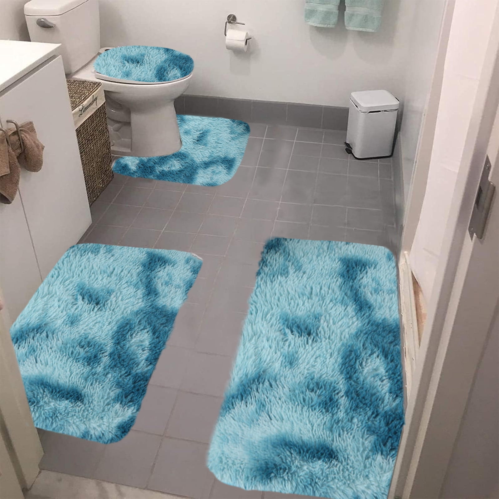 Tyidzon 5Pc Bath Mats for Bathroom, Quick-Dry Bathroom Rugs Sets Washable Non-Slip Bath Mat Ultra Soft Absorbent with U-Shaped Toilet for Bathroom, Tub, Shower, Gray 02-Blue - Image 5