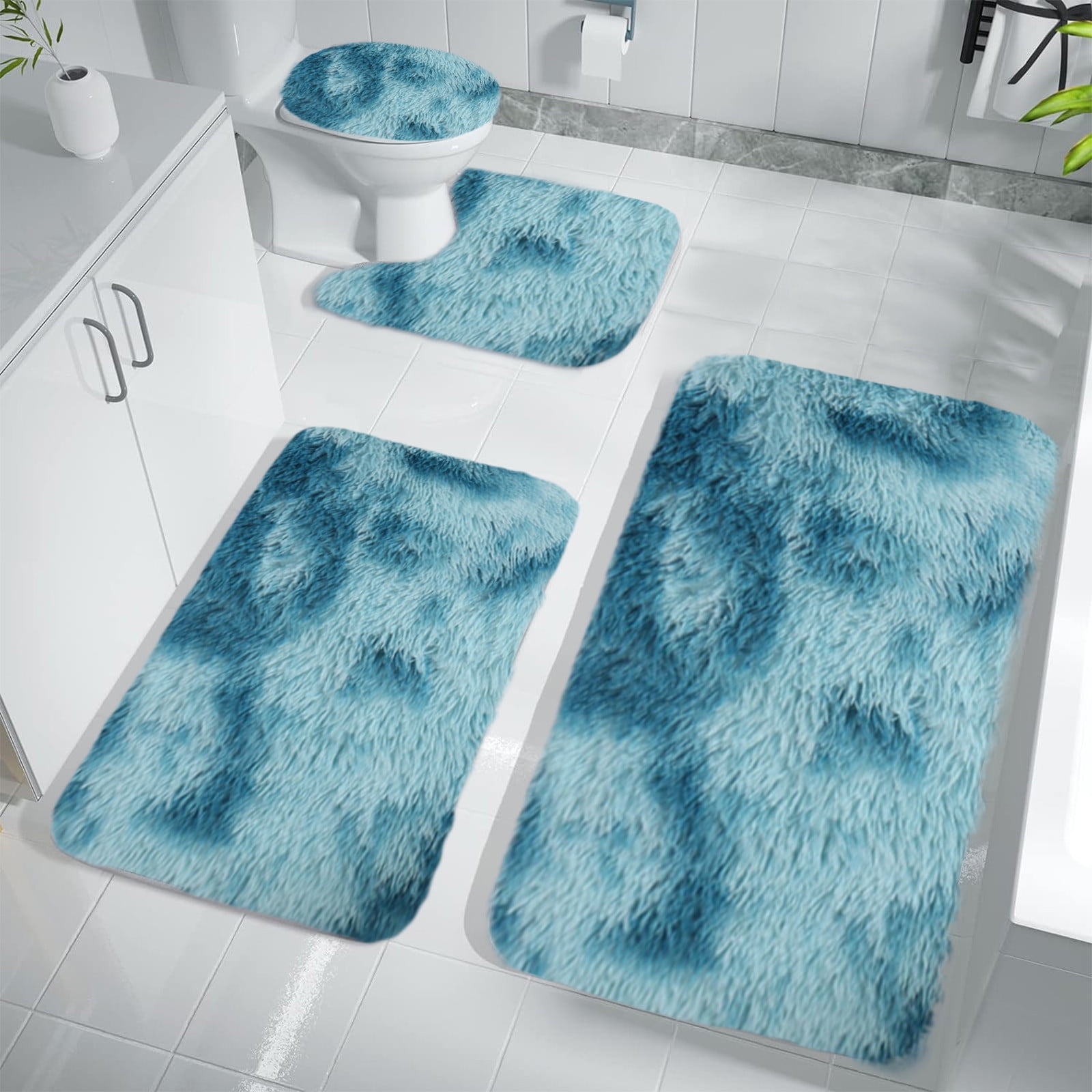 Tyidzon 5Pc Bath Mats for Bathroom, Quick-Dry Bathroom Rugs Sets Washable Non-Slip Bath Mat Ultra Soft Absorbent with U-Shaped Toilet for Bathroom, Tub, Shower, Gray 02-Blue - Image 6