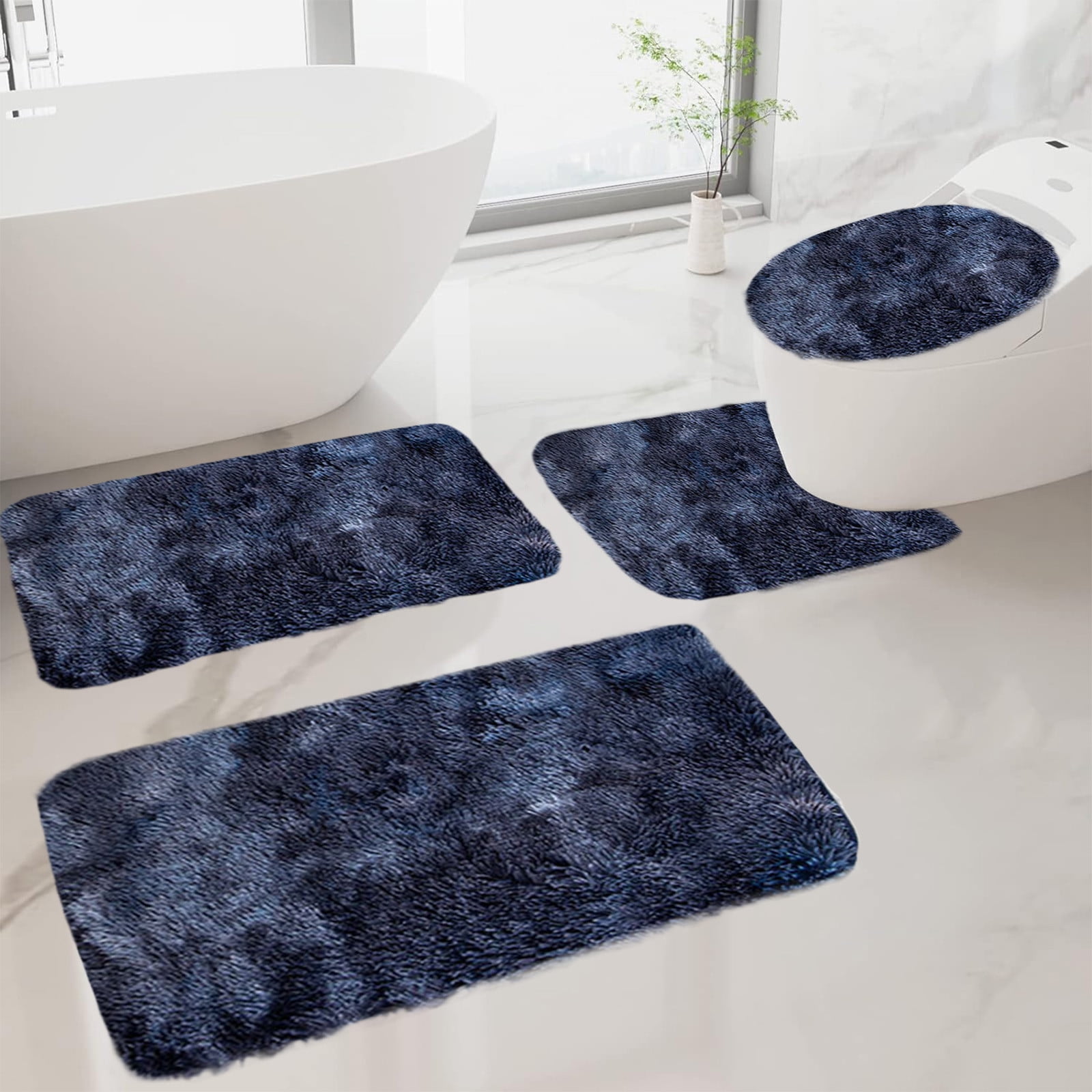 Tyidzon 5Pc Bath Mats for Bathroom, Quick-Dry Bathroom Rugs Sets Washable Non-Slip Bath Mat Ultra Soft Absorbent with U-Shaped Toilet for Bathroom, Tub, Shower, Gray 02-Dark Blue - Image 2