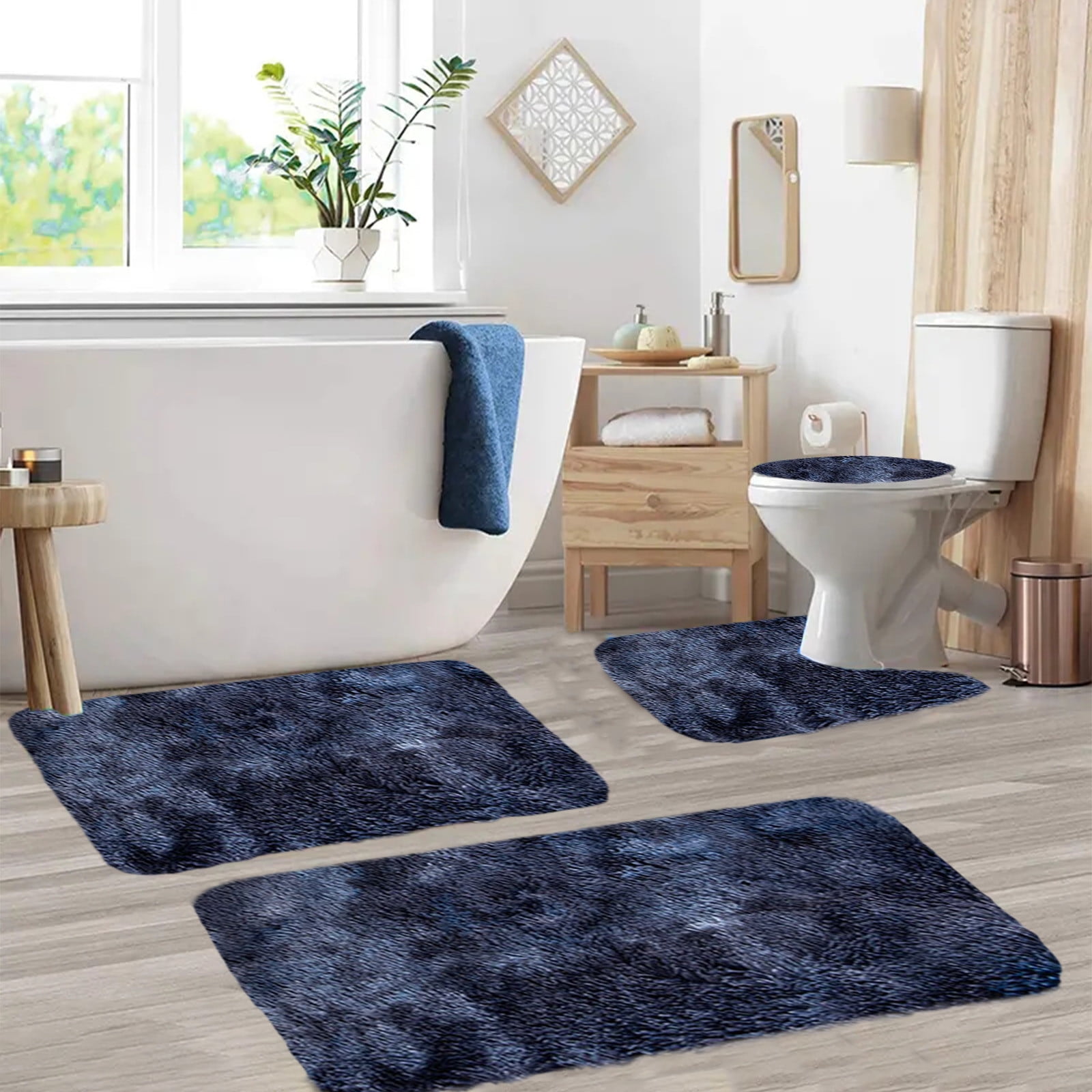 Tyidzon 5Pc Bath Mats for Bathroom, Quick-Dry Bathroom Rugs Sets Washable Non-Slip Bath Mat Ultra Soft Absorbent with U-Shaped Toilet for Bathroom, Tub, Shower, Gray 02-Dark Blue - Image 4