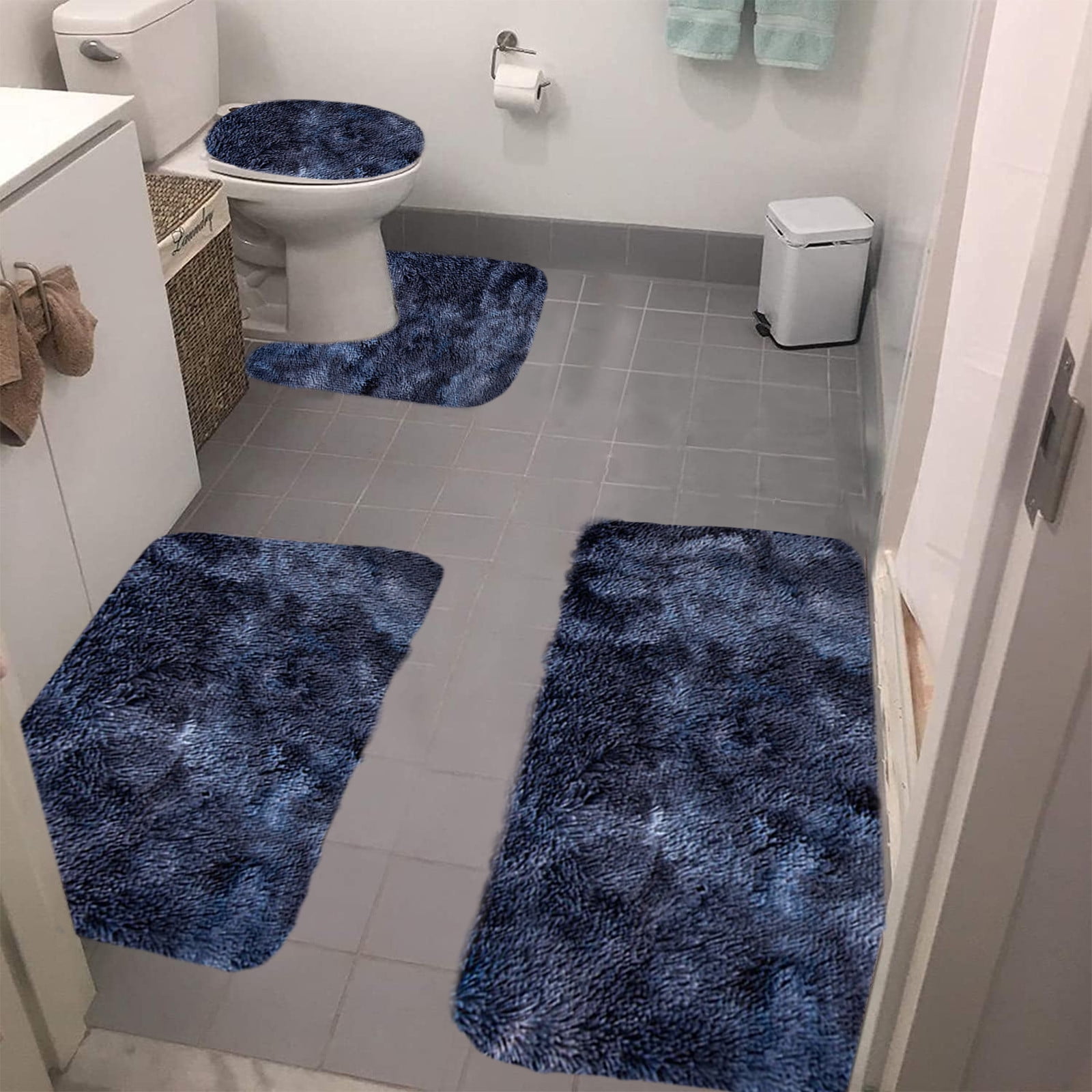 Tyidzon 5Pc Bath Mats for Bathroom, Quick-Dry Bathroom Rugs Sets Washable Non-Slip Bath Mat Ultra Soft Absorbent with U-Shaped Toilet for Bathroom, Tub, Shower, Gray 02-Dark Blue - Image 5