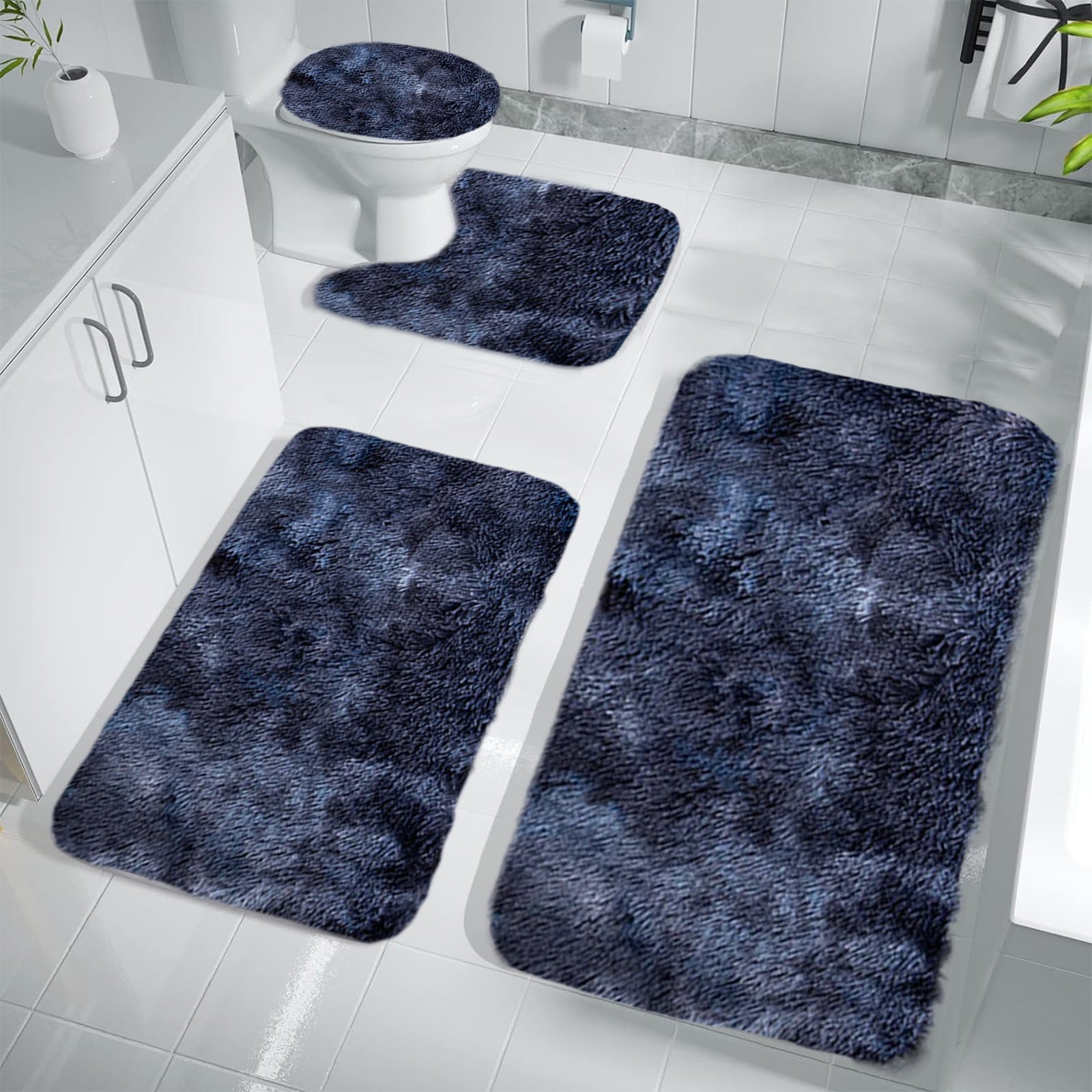 Tyidzon 5Pc Bath Mats for Bathroom, Quick-Dry Bathroom Rugs Sets Washable Non-Slip Bath Mat Ultra Soft Absorbent with U-Shaped Toilet for Bathroom, Tub, Shower, Gray 02-Dark Blue - Image 6