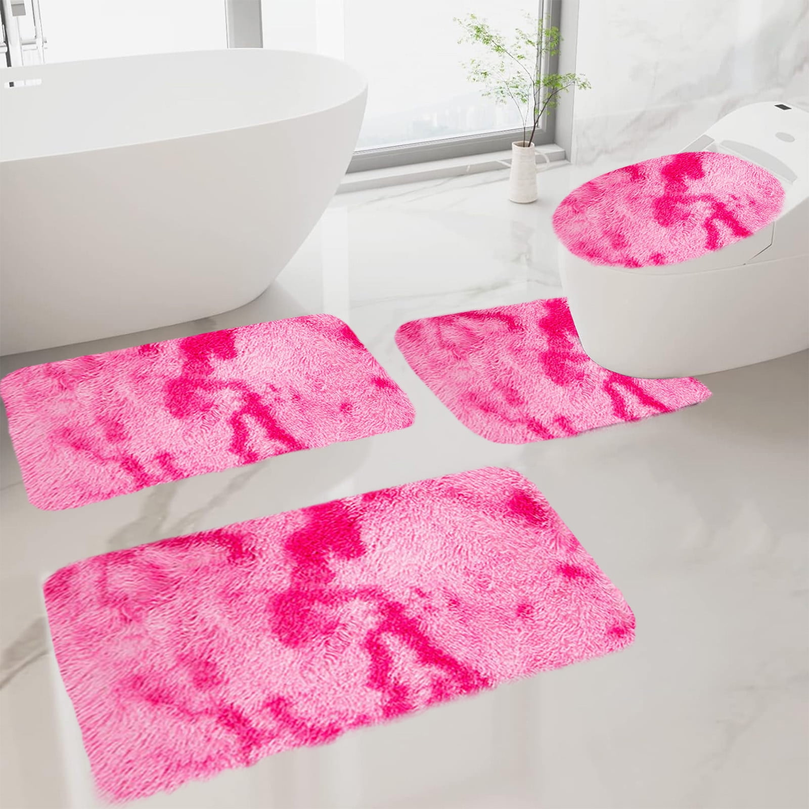 Tyidzon 5Pc Bath Mats for Bathroom, Quick-Dry Bathroom Rugs Sets Washable Non-Slip Bath Mat Ultra Soft Absorbent with U-Shaped Toilet for Bathroom, Tub, Shower, Gray 02-Pink - Image 2