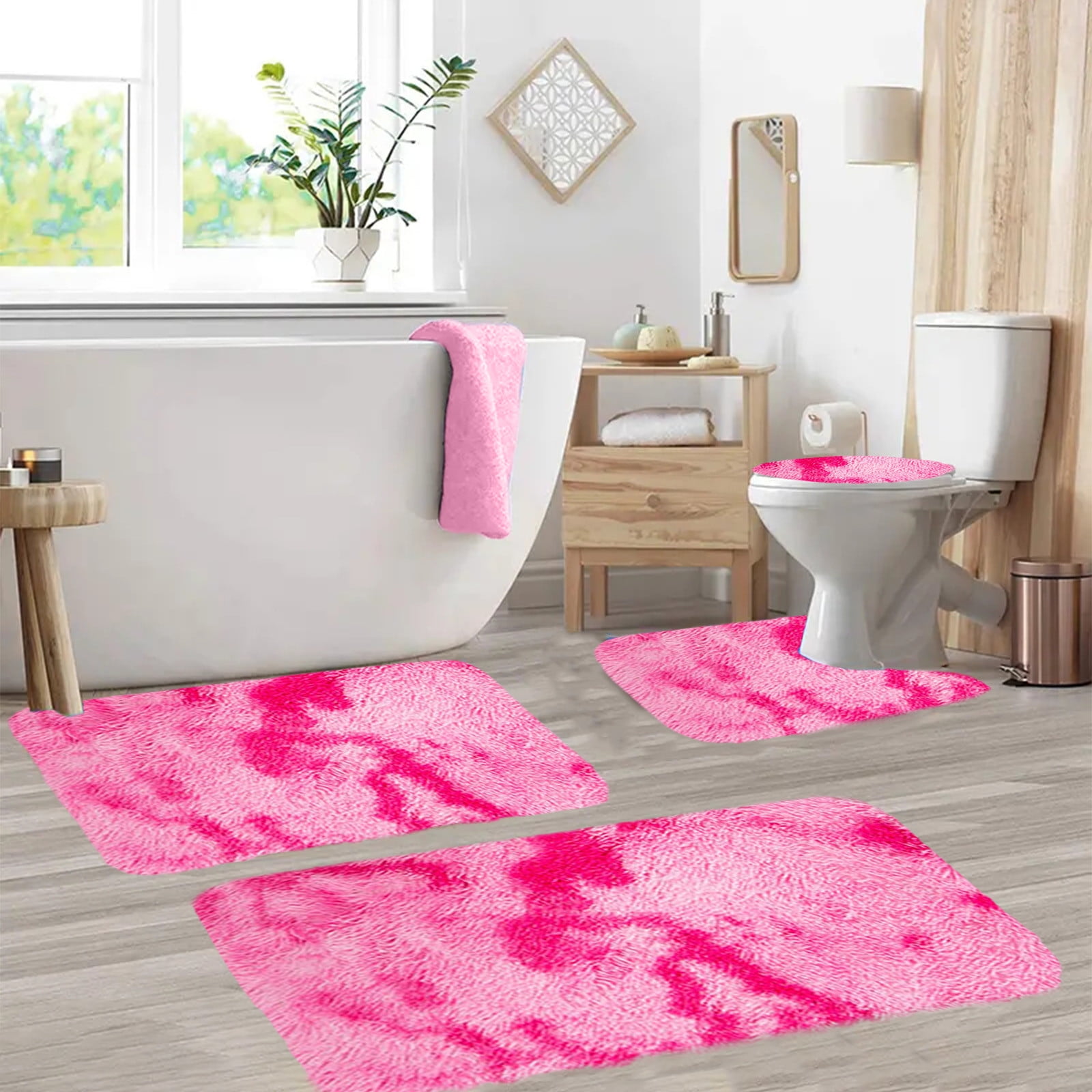 Tyidzon 5Pc Bath Mats for Bathroom, Quick-Dry Bathroom Rugs Sets Washable Non-Slip Bath Mat Ultra Soft Absorbent with U-Shaped Toilet for Bathroom, Tub, Shower, Gray 02-Pink - Image 4