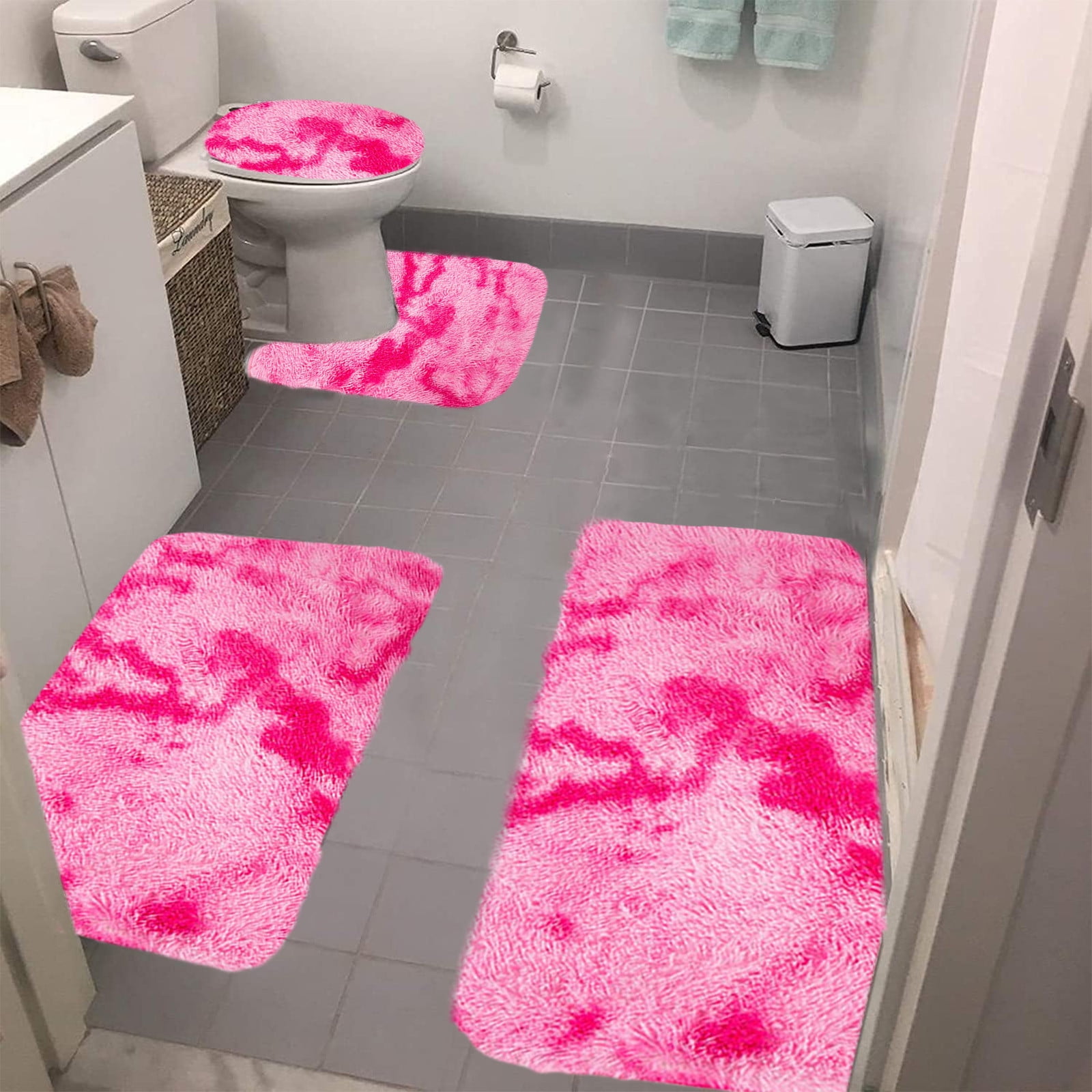 Tyidzon 5Pc Bath Mats for Bathroom, Quick-Dry Bathroom Rugs Sets Washable Non-Slip Bath Mat Ultra Soft Absorbent with U-Shaped Toilet for Bathroom, Tub, Shower, Gray 02-Pink - Image 5