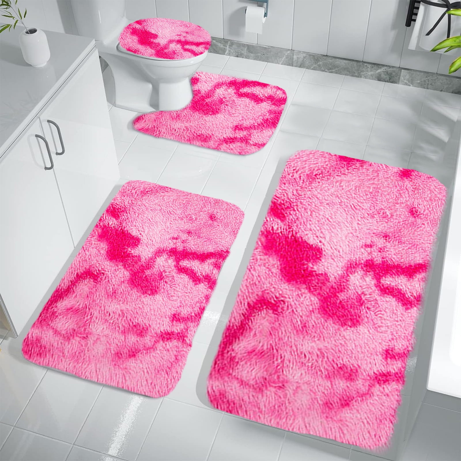 Tyidzon 5Pc Bath Mats for Bathroom, Quick-Dry Bathroom Rugs Sets Washable Non-Slip Bath Mat Ultra Soft Absorbent with U-Shaped Toilet for Bathroom, Tub, Shower, Gray 02-Pink - Image 6