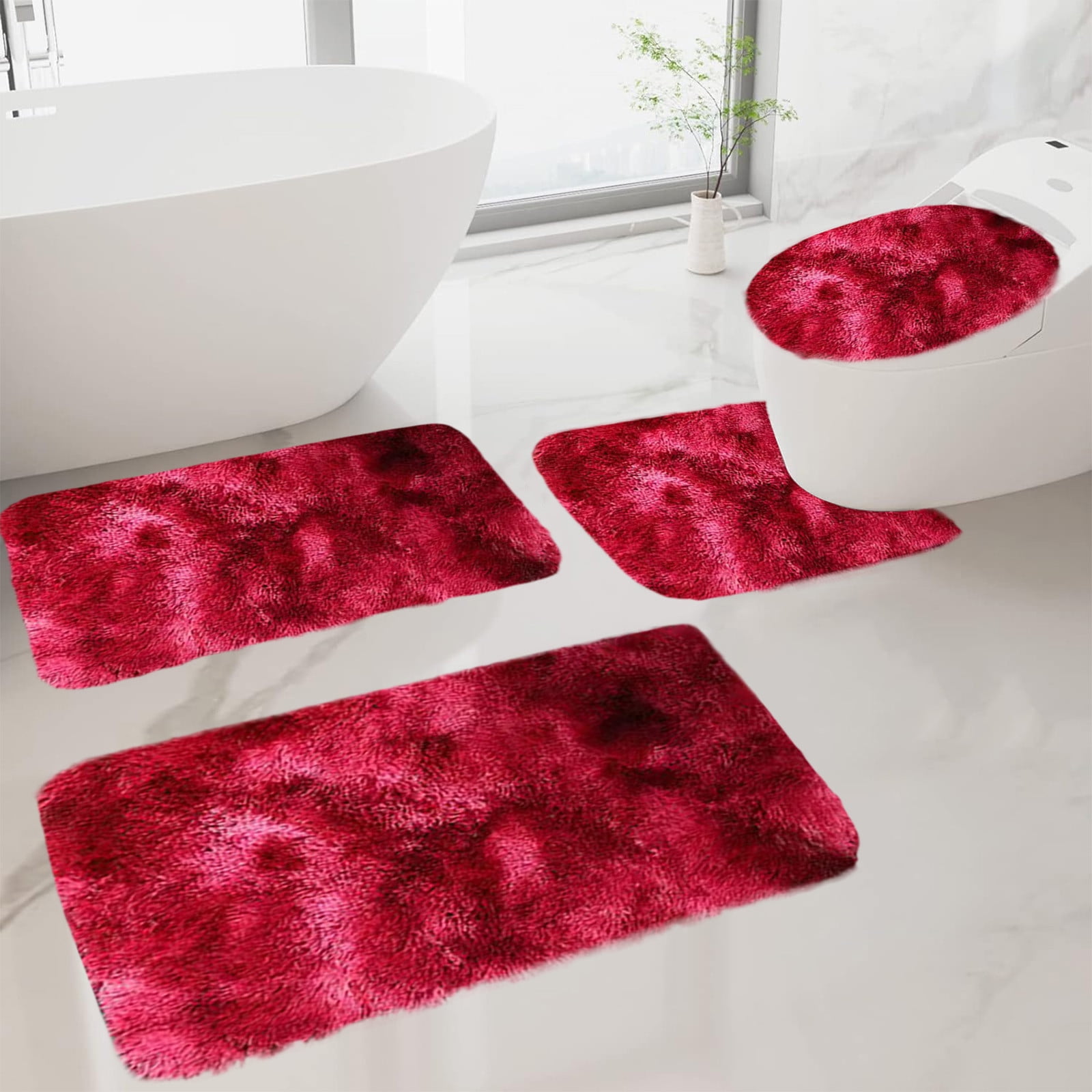 Tyidzon 5Pc Bath Mats for Bathroom, Quick-Dry Bathroom Rugs Sets Washable Non-Slip Bath Mat Ultra Soft Absorbent with U-Shaped Toilet for Bathroom, Tub, Shower, Gray 02-Red - Image 2