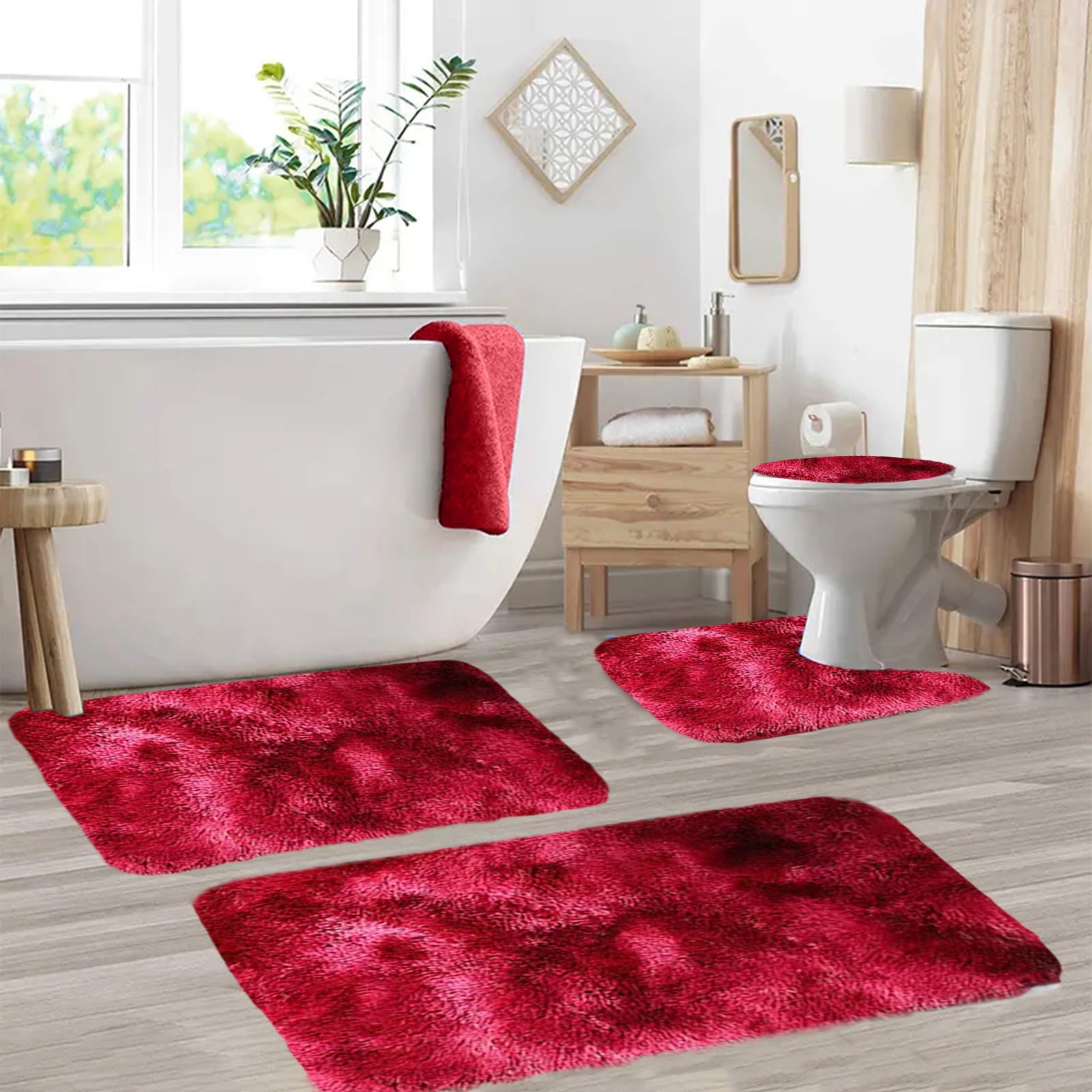 Tyidzon 5Pc Bath Mats for Bathroom, Quick-Dry Bathroom Rugs Sets Washable Non-Slip Bath Mat Ultra Soft Absorbent with U-Shaped Toilet for Bathroom, Tub, Shower, Gray 02-Red - Image 4