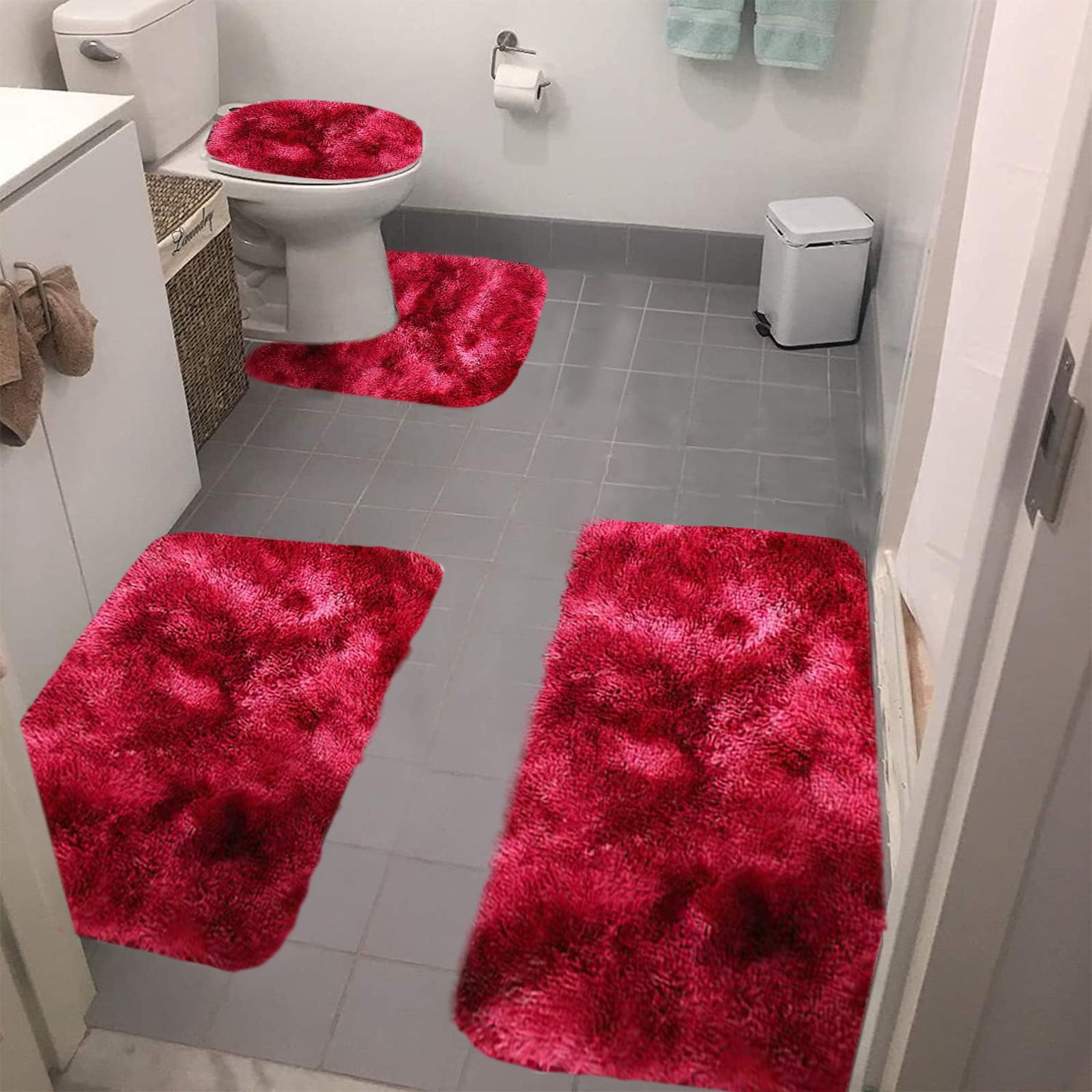 Tyidzon 5Pc Bath Mats for Bathroom, Quick-Dry Bathroom Rugs Sets Washable Non-Slip Bath Mat Ultra Soft Absorbent with U-Shaped Toilet for Bathroom, Tub, Shower, Gray 02-Red - Image 5