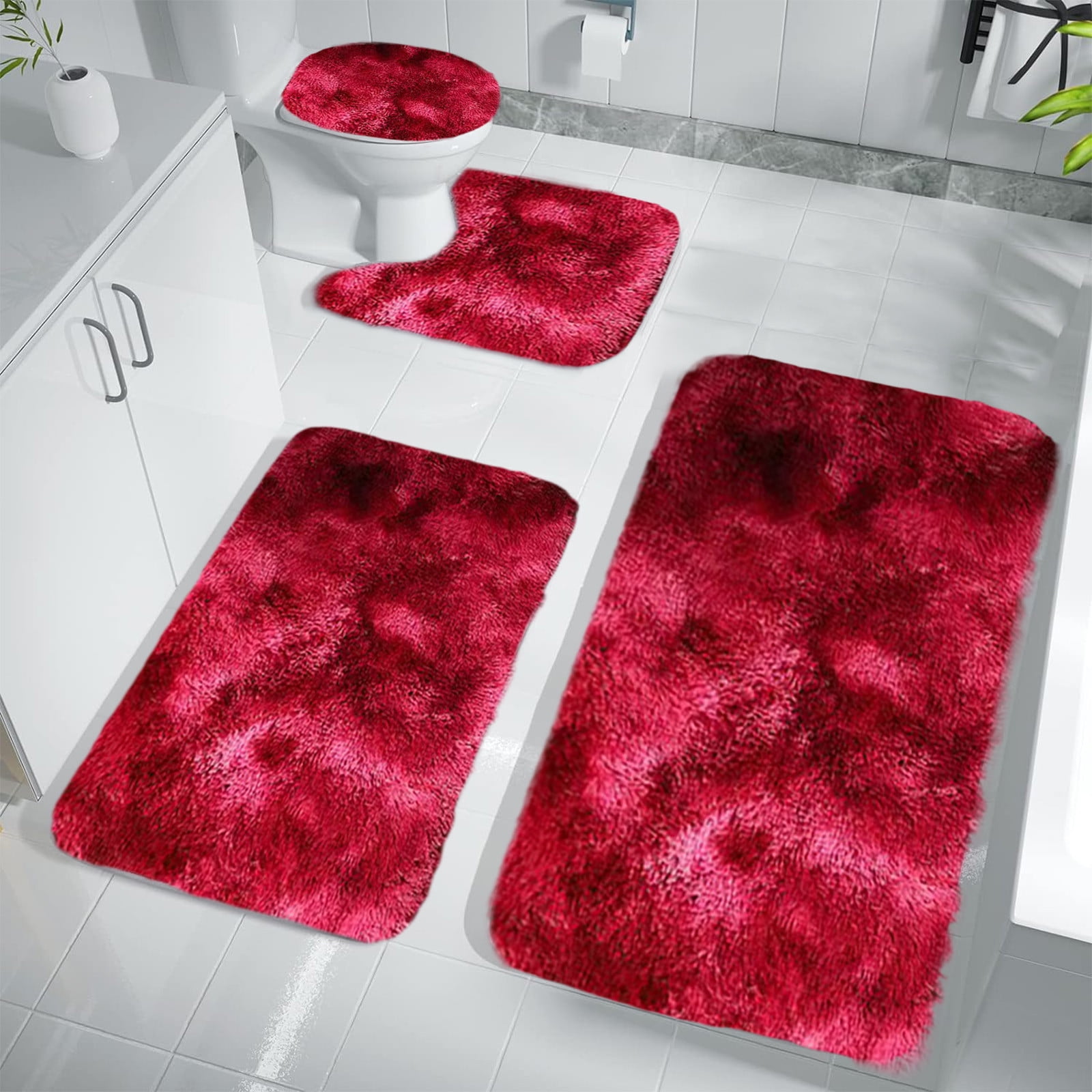 Tyidzon 5Pc Bath Mats for Bathroom, Quick-Dry Bathroom Rugs Sets Washable Non-Slip Bath Mat Ultra Soft Absorbent with U-Shaped Toilet for Bathroom, Tub, Shower, Gray 02-Red - Image 6