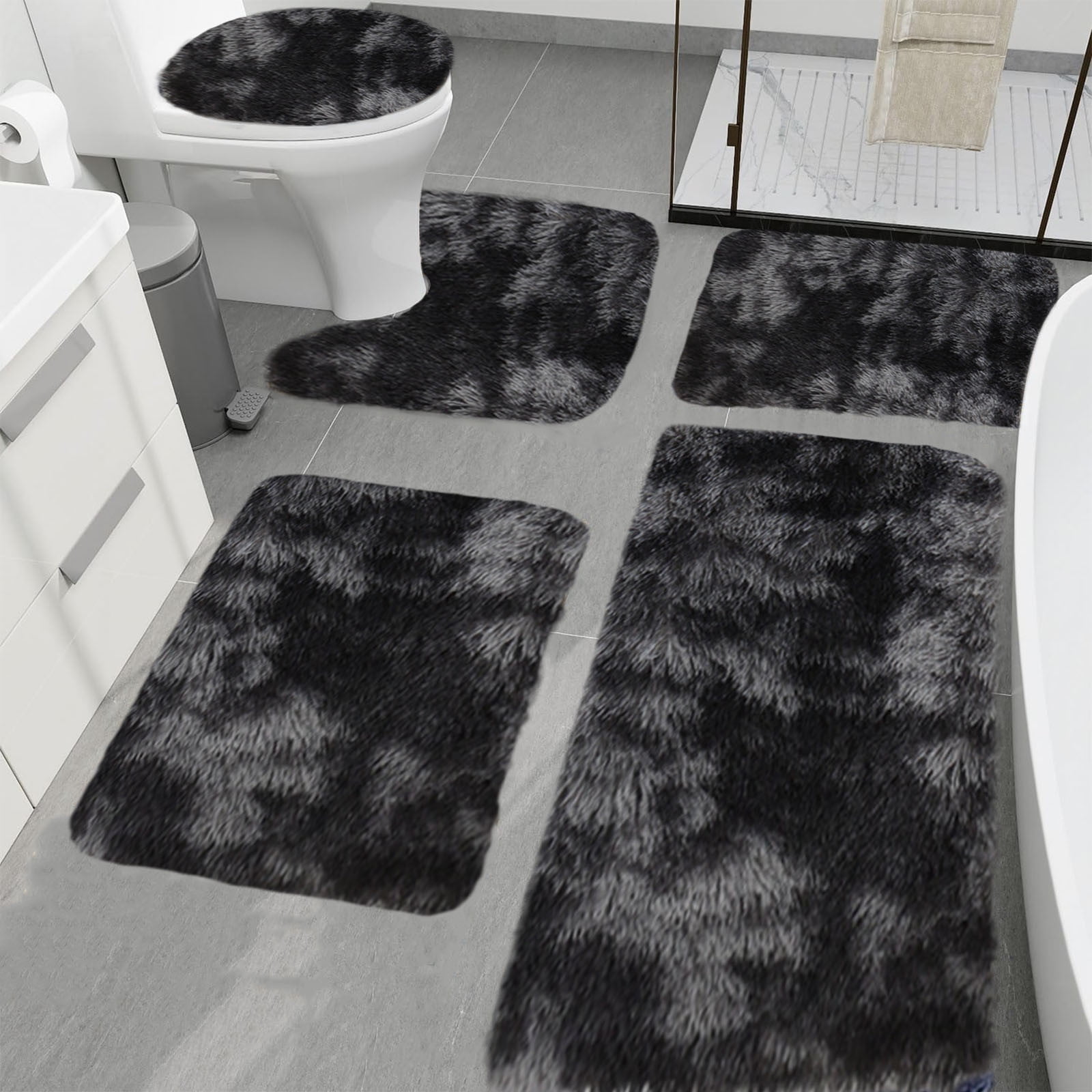 Tyidzon 5Pc Bath Mats for Bathroom, Quick-Dry Bathroom Rugs Sets Washable Non-Slip Bath Mat Ultra Soft Absorbent with U-Shaped Toilet for Bathroom, Tub, Shower, Gray 03-Black - Image 2