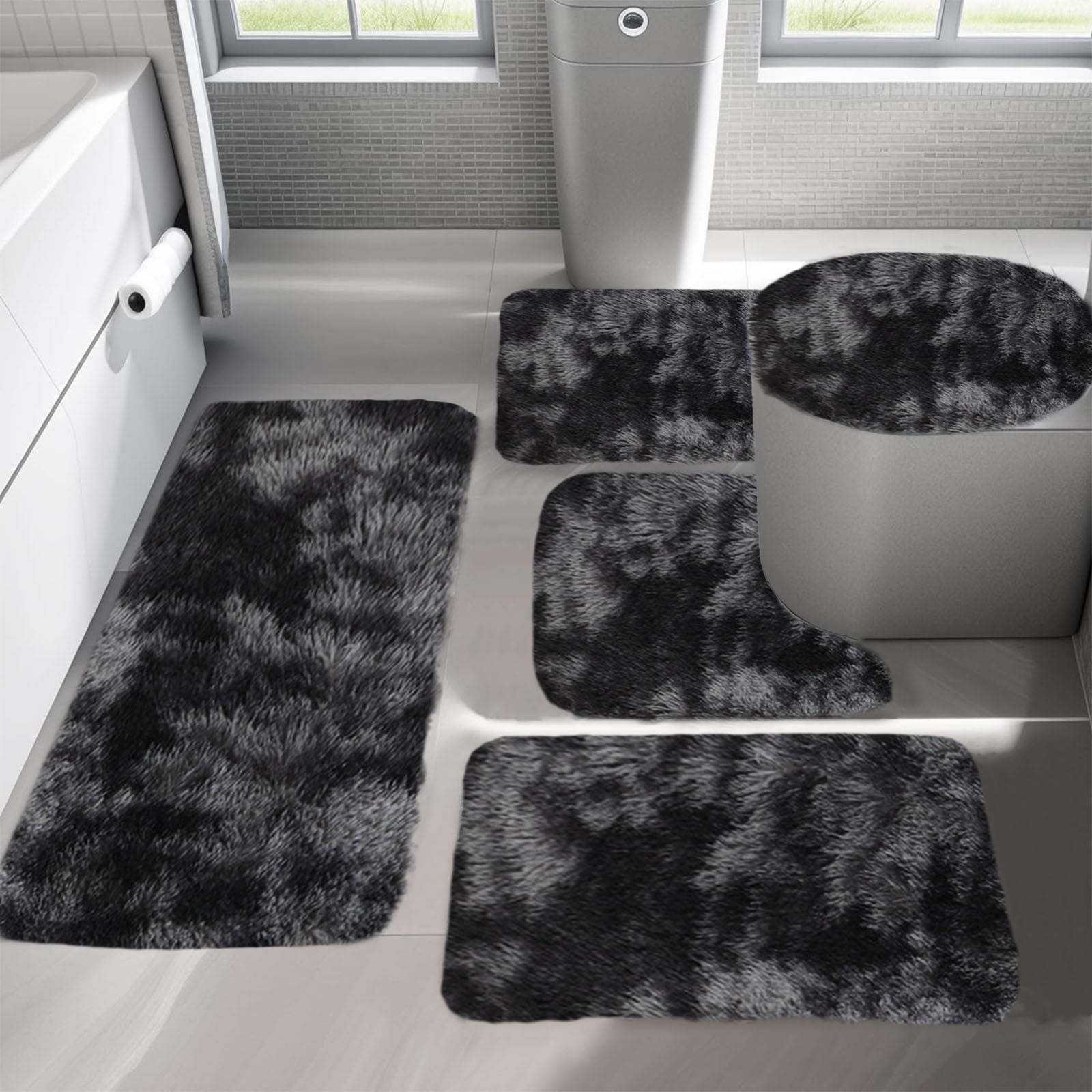 Tyidzon 5Pc Bath Mats for Bathroom, Quick-Dry Bathroom Rugs Sets Washable Non-Slip Bath Mat Ultra Soft Absorbent with U-Shaped Toilet for Bathroom, Tub, Shower, Gray 03-Black - Image 5