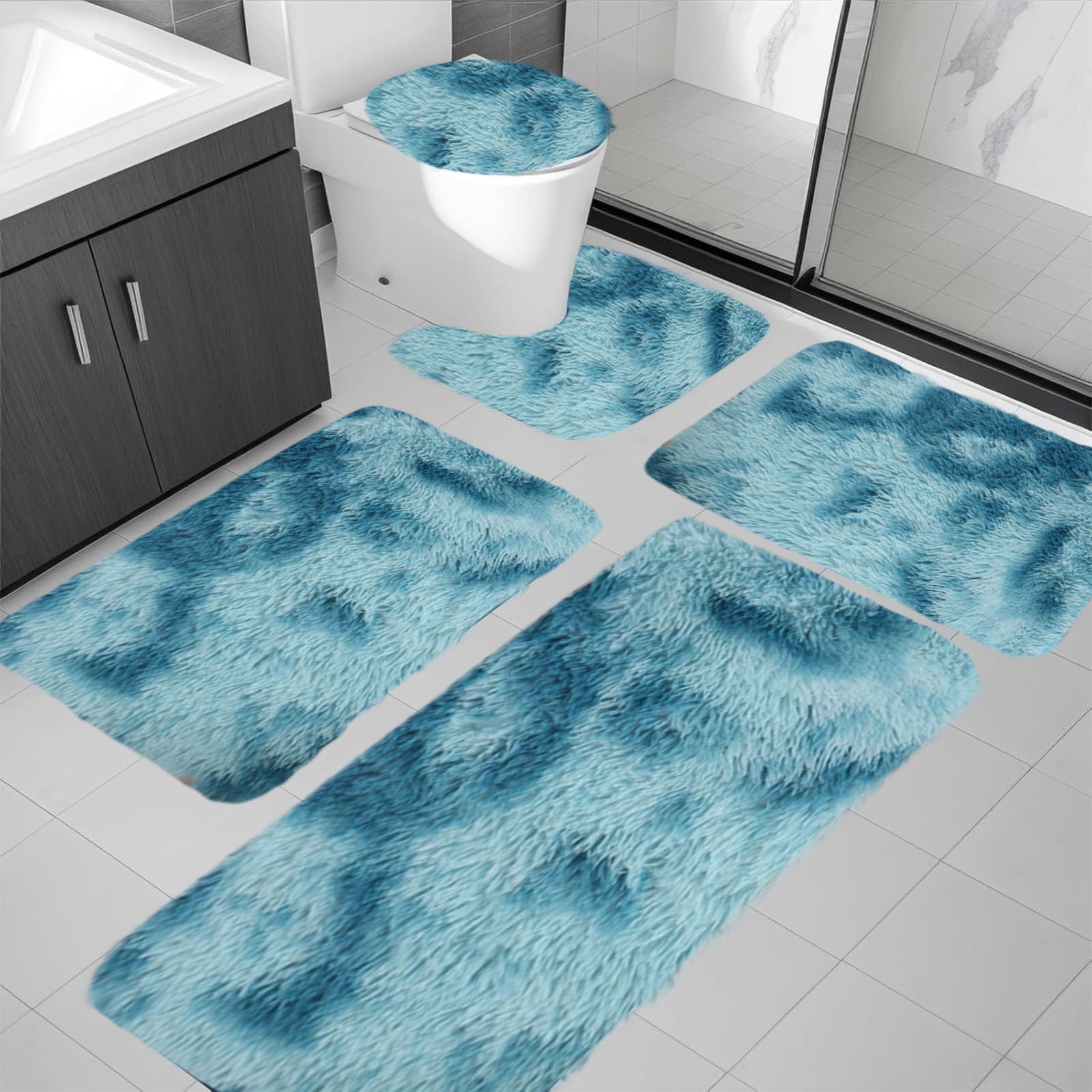 Tyidzon 5Pc Bath Mats for Bathroom, Quick-Dry Bathroom Rugs Sets Washable Non-Slip Bath Mat Ultra Soft Absorbent with U-Shaped Toilet for Bathroom, Tub, Shower, Gray 03-Blue - Image 5