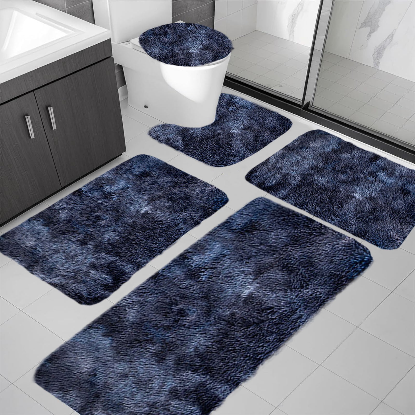 Tyidzon 5Pc Bath Mats for Bathroom, Quick-Dry Bathroom Rugs Sets Washable Non-Slip Bath Mat Ultra Soft Absorbent with U-Shaped Toilet for Bathroom, Tub, Shower, Gray 03-Dark Blue - Image 4