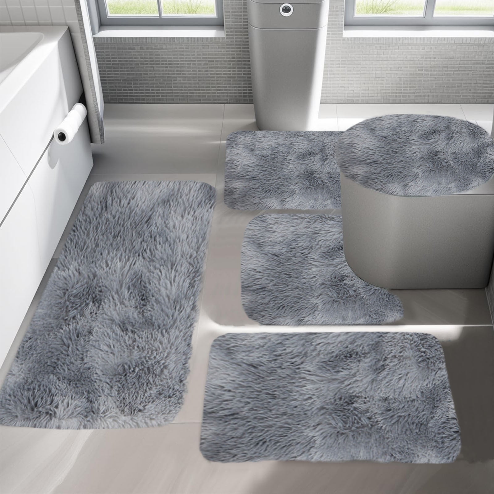 Tyidzon 5Pc Bath Mats for Bathroom, Quick-Dry Bathroom Rugs Sets Washable Non-Slip Bath Mat Ultra Soft Absorbent with U-Shaped Toilet for Bathroom, Tub, Shower, Gray 03-Gray - Image 5