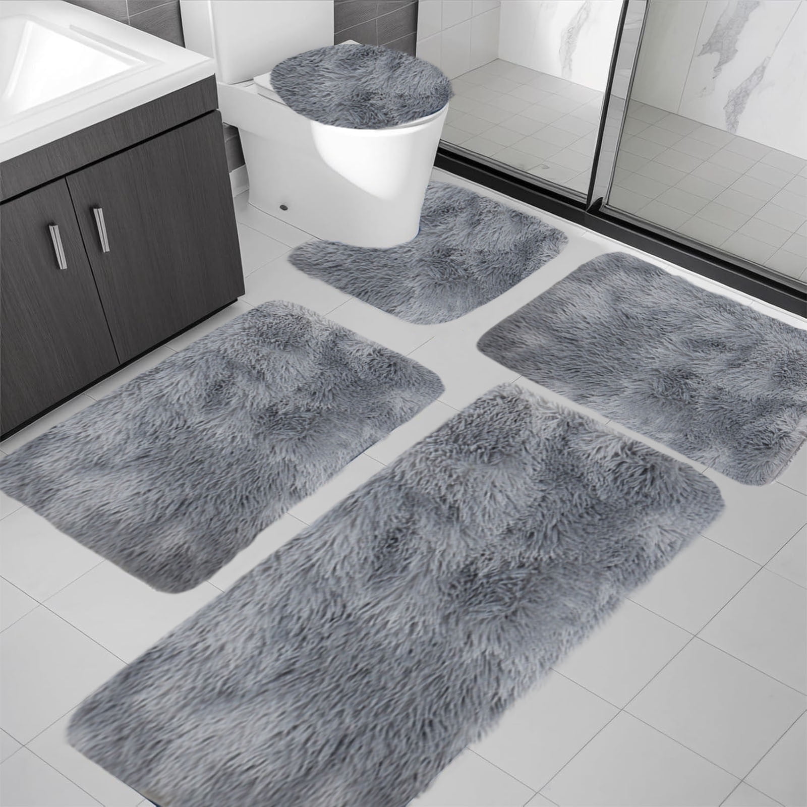 Tyidzon 5Pc Bath Mats for Bathroom, Quick-Dry Bathroom Rugs Sets Washable Non-Slip Bath Mat Ultra Soft Absorbent with U-Shaped Toilet for Bathroom, Tub, Shower, Gray 03-Gray - Image 6