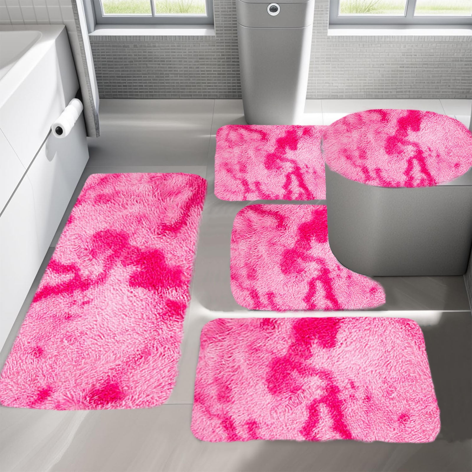 Tyidzon 5Pc Bath Mats for Bathroom, Quick-Dry Bathroom Rugs Sets Washable Non-Slip Bath Mat Ultra Soft Absorbent with U-Shaped Toilet for Bathroom, Tub, Shower, Gray 03-Pink - Image 4