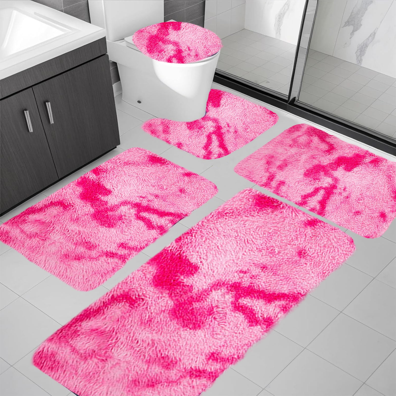 Tyidzon 5Pc Bath Mats for Bathroom, Quick-Dry Bathroom Rugs Sets Washable Non-Slip Bath Mat Ultra Soft Absorbent with U-Shaped Toilet for Bathroom, Tub, Shower, Gray 03-Pink - Image 5