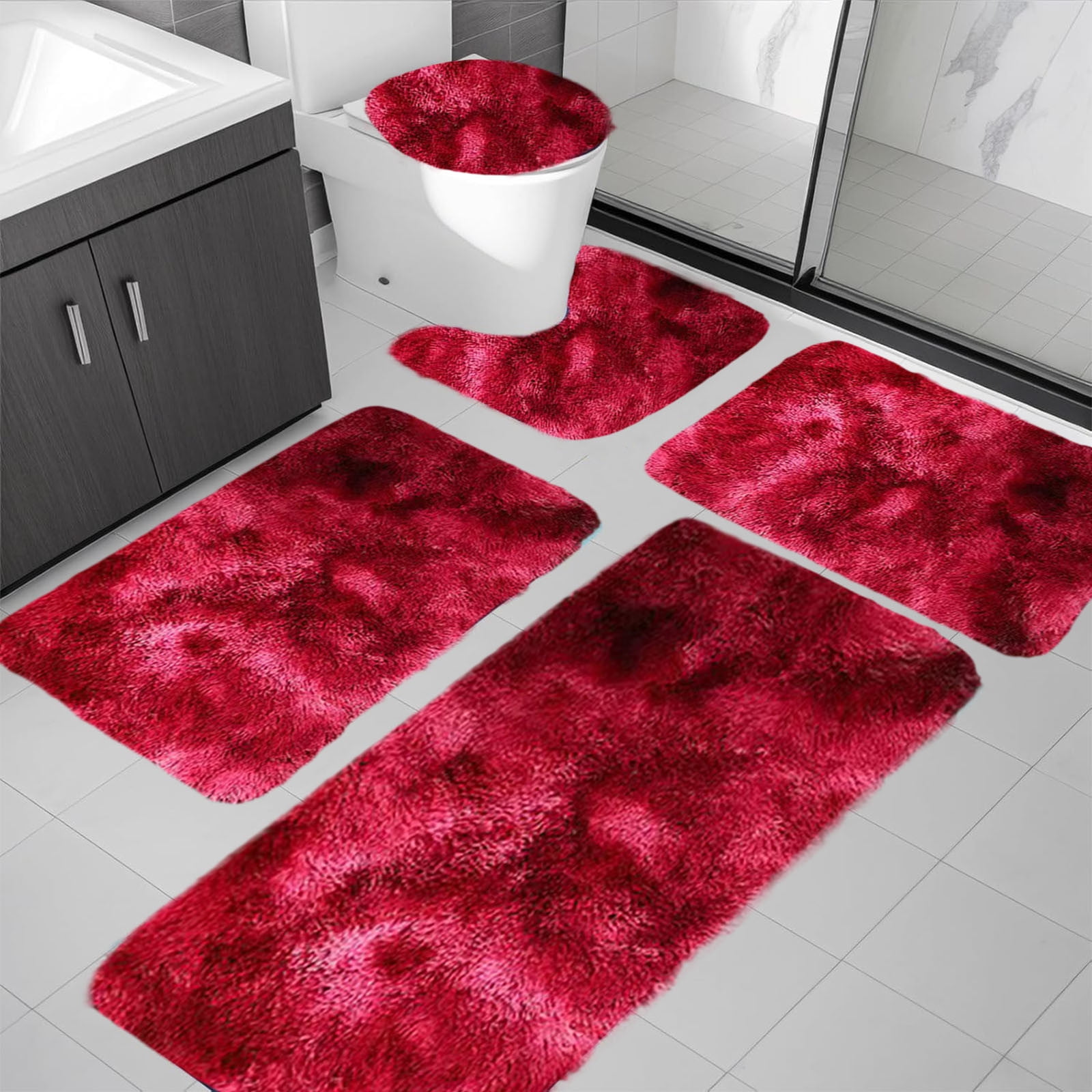 Tyidzon 5Pc Bath Mats for Bathroom, Quick-Dry Bathroom Rugs Sets Washable Non-Slip Bath Mat Ultra Soft Absorbent with U-Shaped Toilet for Bathroom, Tub, Shower, Gray 03-Red - Image 4