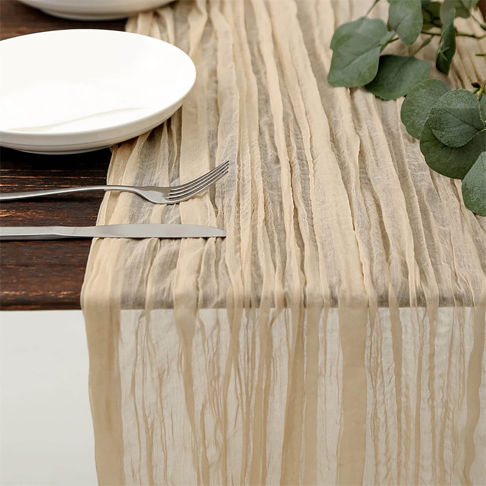 PALIFEUR Cheesecloth Table Runner, 35 x 71 Inch Cheese Cloth Table Runner for Wedding Bridal Shower Party, Home Decorations Table Runners Cheesecloth Beige - Image 1