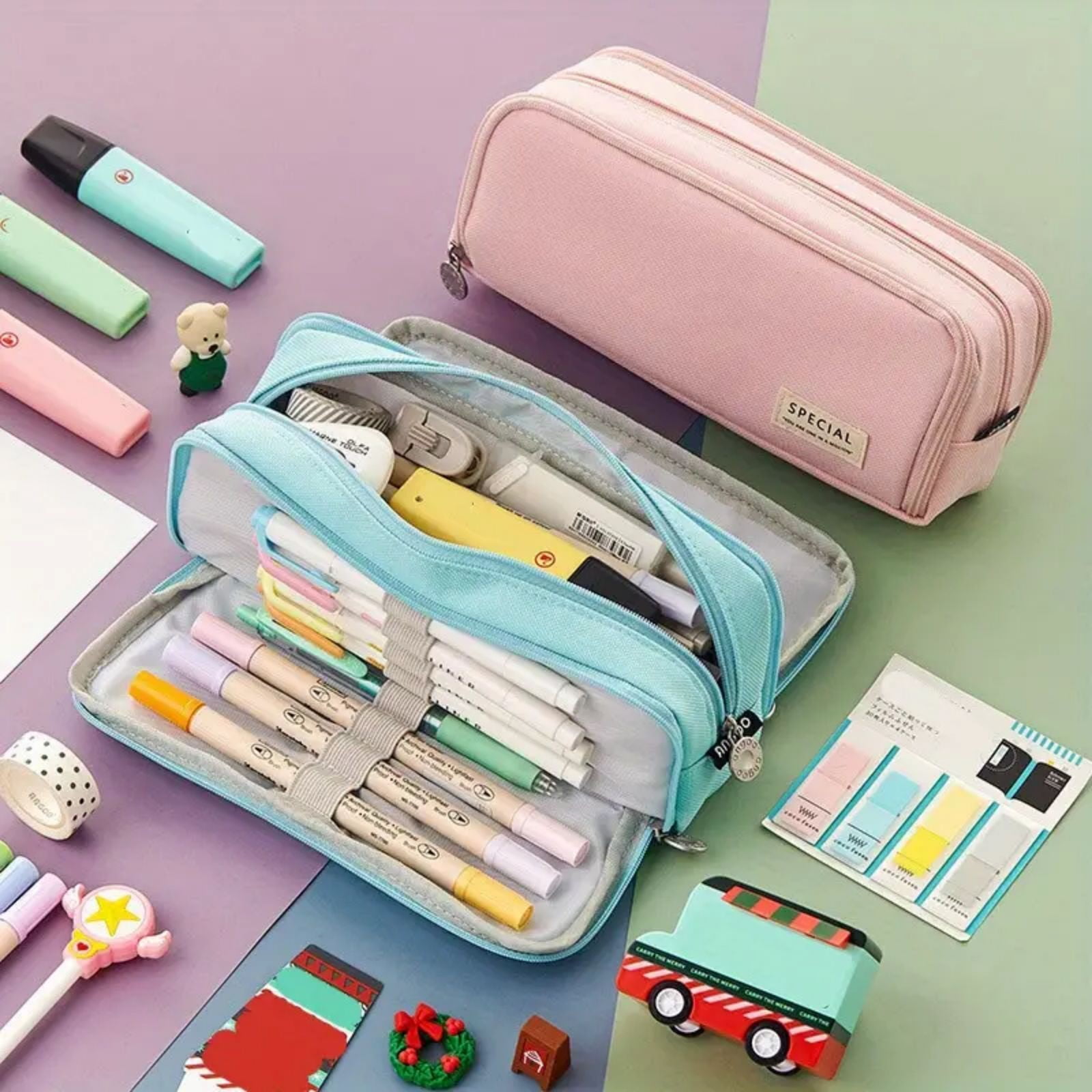 PALIFEUR Pencil Case Large Capacity Pencil Pouch, Multi-layer Aesthetic Pen Bag, Sturdy Multifunctional Pencil Bag, Pencil Box, Sky Blue Yellow - Image 1