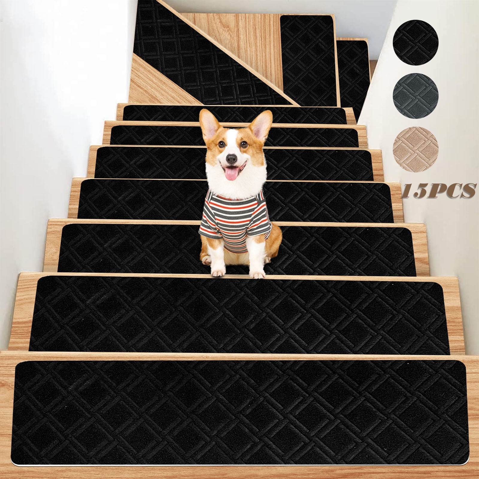 PALIFEUR Stair Treads for Wooden Steps, Soft Stair Treads, 8 x 30 Inch Reusable Carpet Stair Treads, Washable Stair Runners for Wooden Steps Non Slip Stair Rugs #12_Black - Image 1