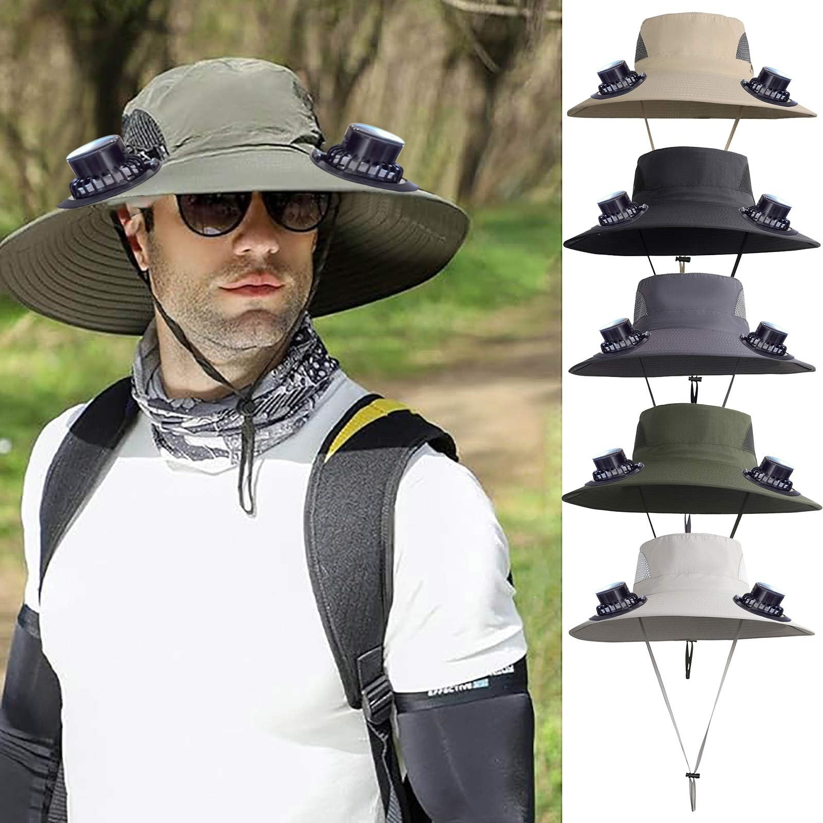 PALIFEUR Wide Brim Solar Fan Hat with 2 Solar Fan, Fan Built in Hat with Fans Solar Power, Solar Powered Fan Hat for Outdoor Fishing Travel, 3 Speed Adjustable Fan Hat Gray - Image 1