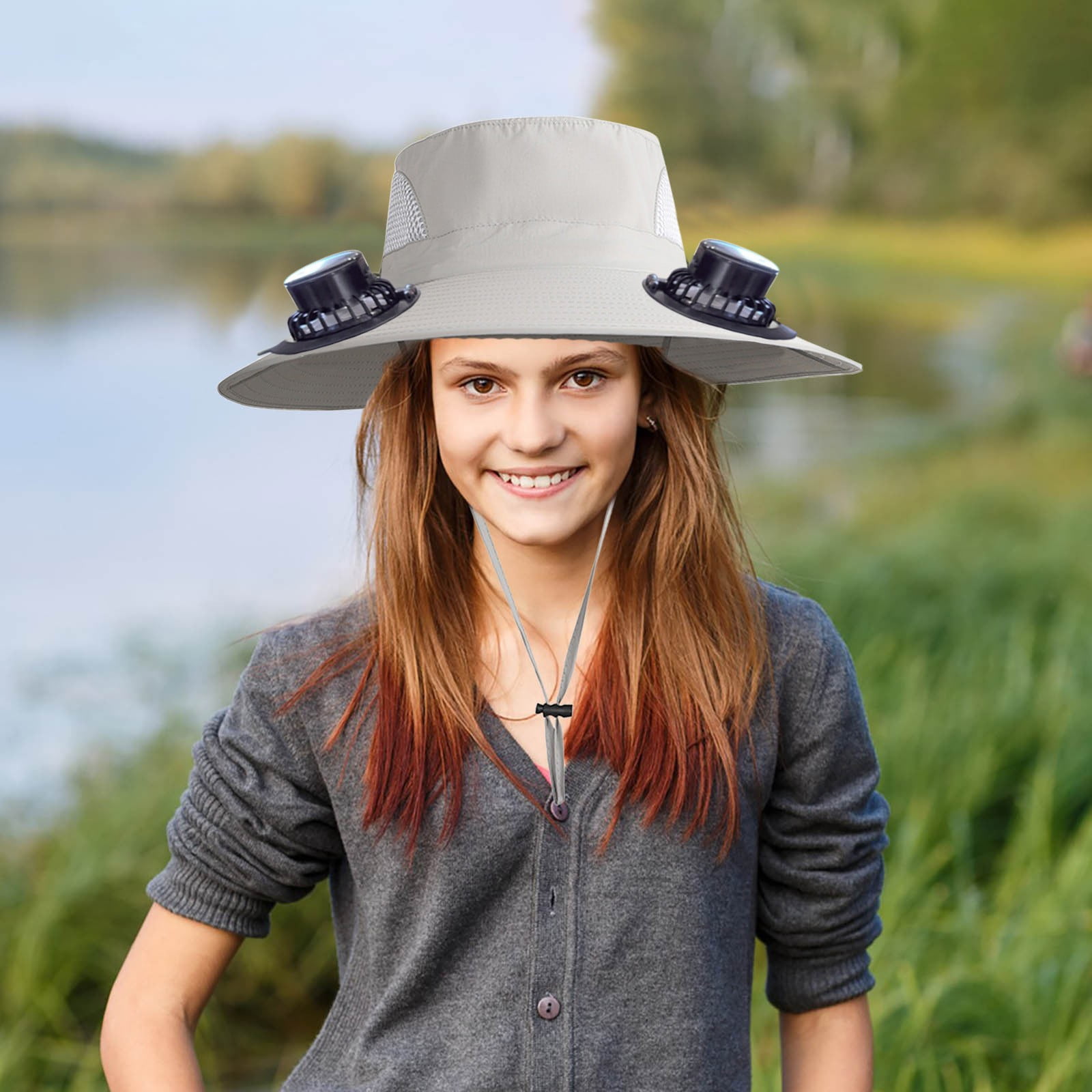 PALIFEUR Wide Brim Solar Fan Hat with 2 Solar Fan, Fan Built in Hat with Fans Solar Power, Solar Powered Fan Hat for Outdoor Fishing Travel, 3 Speed Adjustable Fan Hat Gray - Image 5