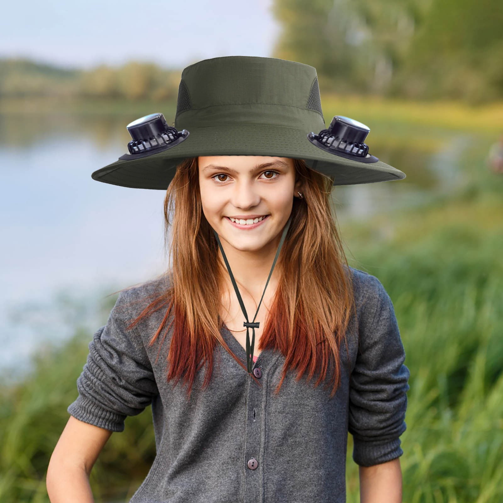 PALIFEUR Wide Brim Solar Fan Hat with 2 Solar Fan, Fan Built in Hat with Fans Solar Power, Solar Powered Fan Hat for Outdoor Fishing Travel, 3 Speed Adjustable Fan Hat Green - Image 5