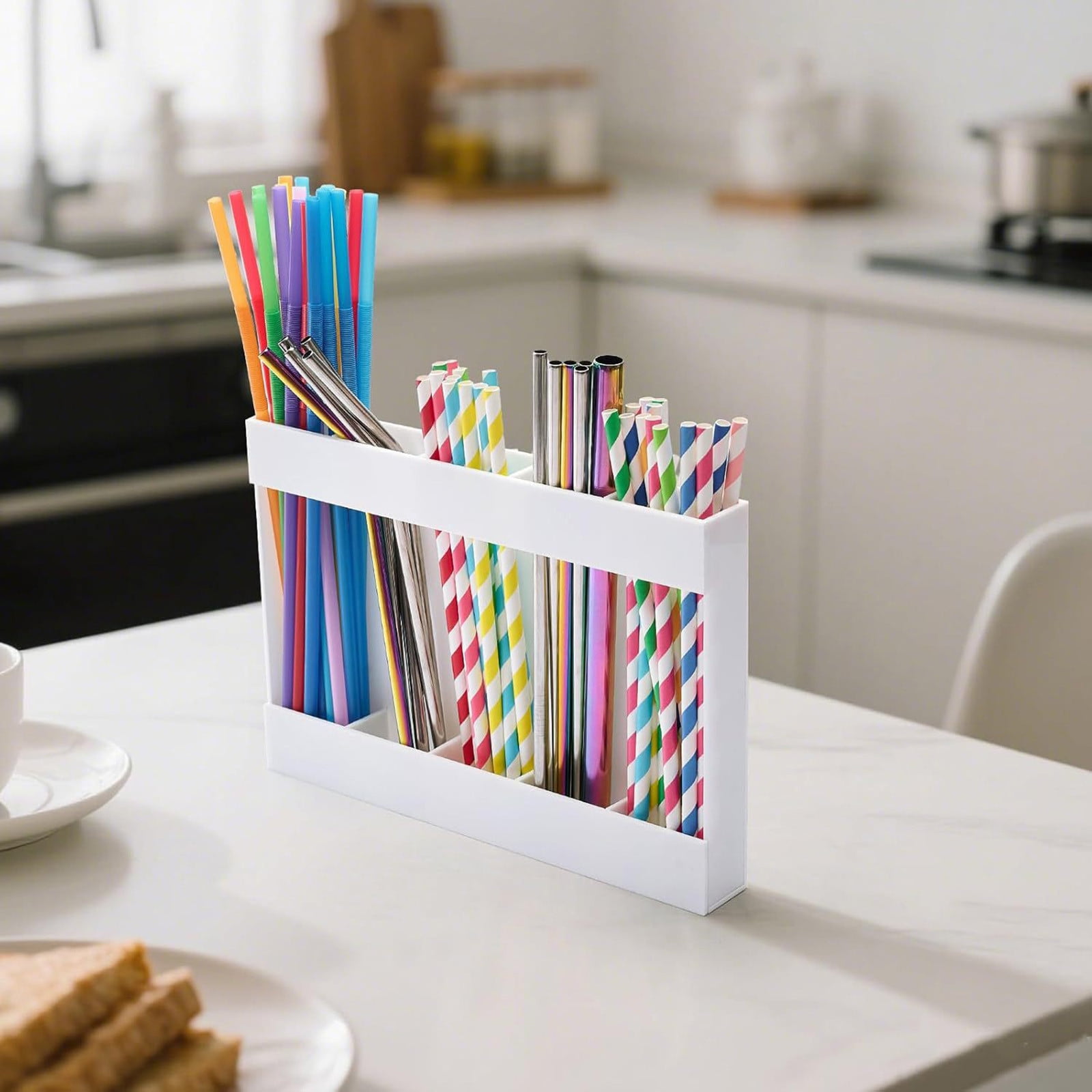 Tyidzon Acrylic Straw Holder for Cabinet, Reusable Tumbler Straw Organizer Storage Container Straw Holder for Counter Cabinet Cupboard Kitchen White - Image 1