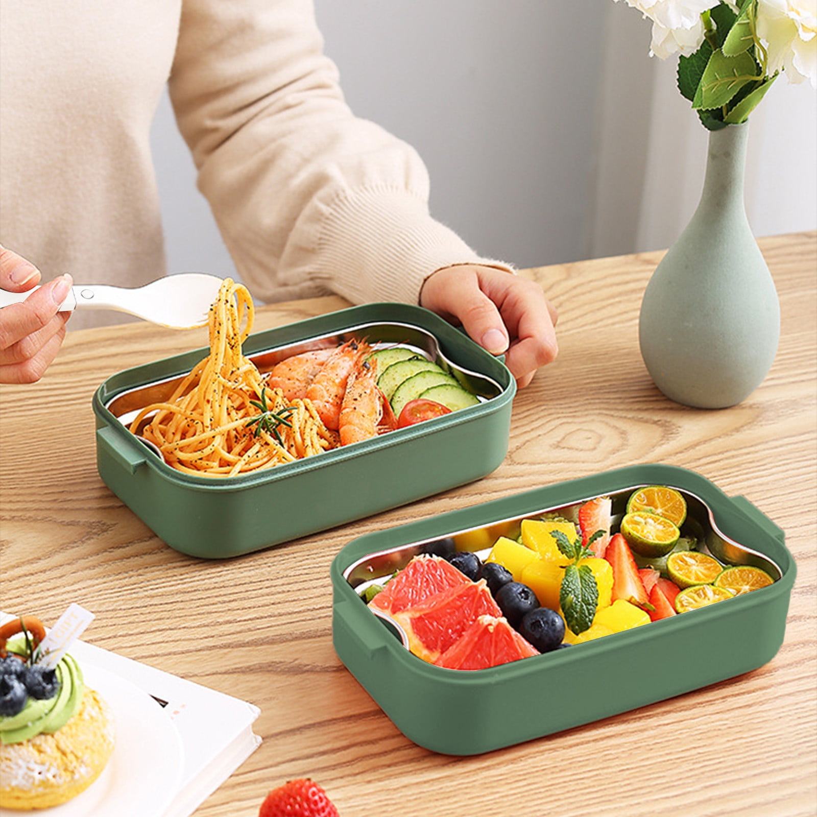 Xuniizn Bento Box Adult Lunch Box, Containers for Adults Men Women, Lunchable Food Container with Utensils, Sauce Jar, Muffin Liners, Microwave & Dishwasher Safe Green#5 - Image 7