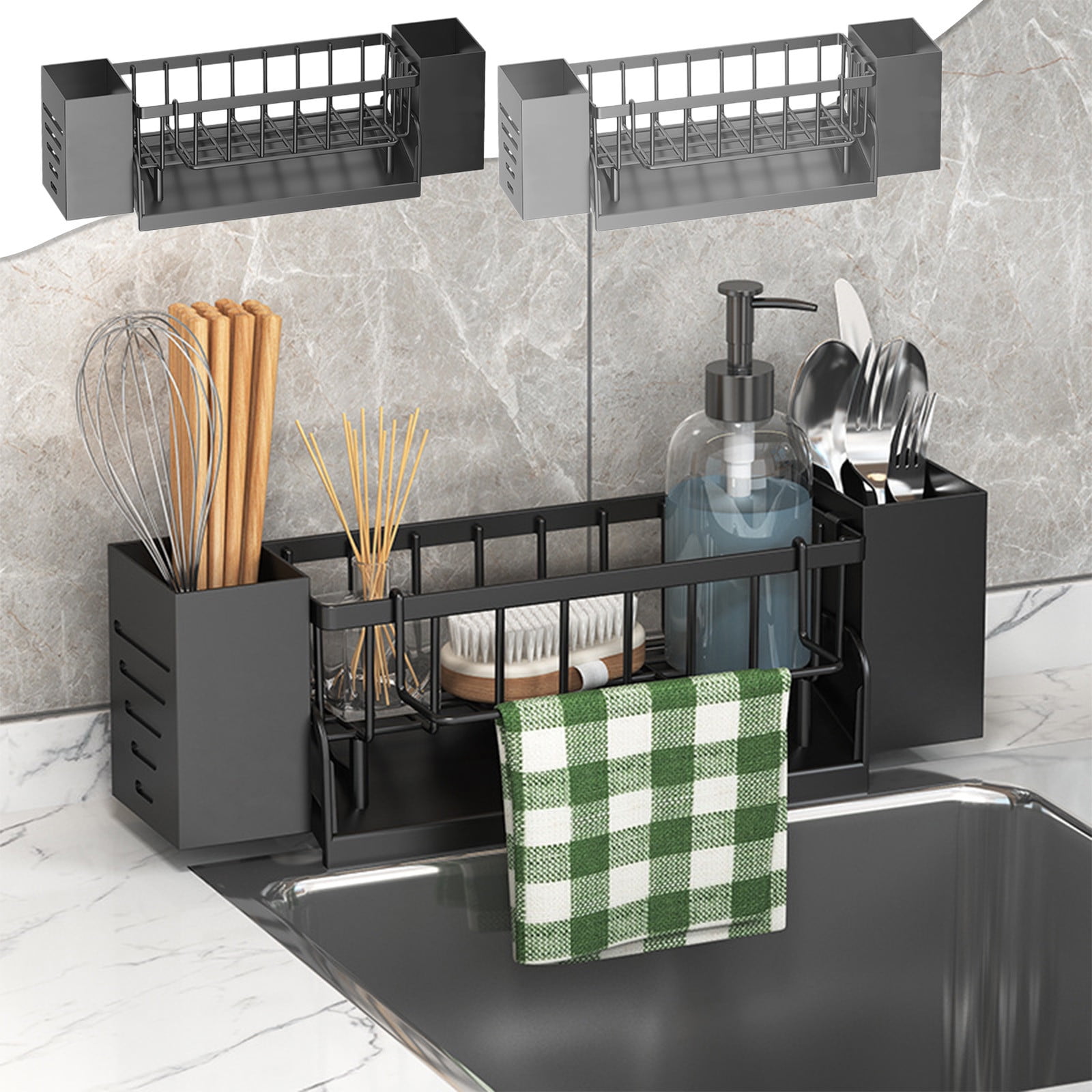 Xuniizn Pantry Organizers and Storage - Kitchen Organizers and Storage Rack, Sink Countertop Multifunctional Holder for Rags, Chopsticks, Knives & Forks - Kitchen Organization & Storage Solution Black - Image 1