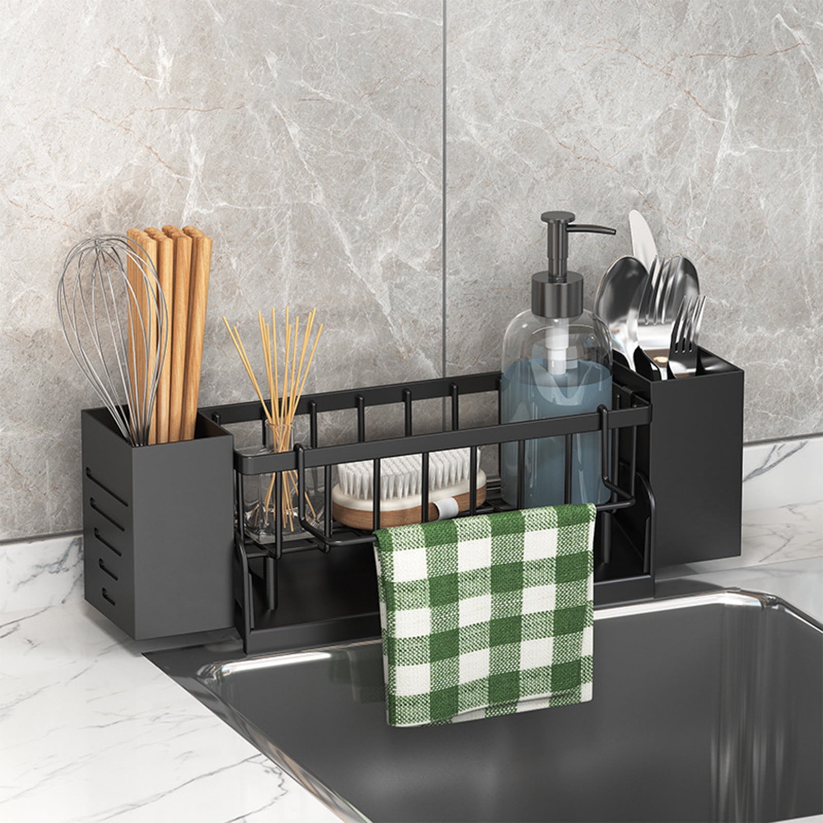 Xuniizn Pantry Organizers and Storage - Kitchen Organizers and Storage Rack, Sink Countertop Multifunctional Holder for Rags, Chopsticks, Knives & Forks - Kitchen Organization & Storage Solution Black - Image 2