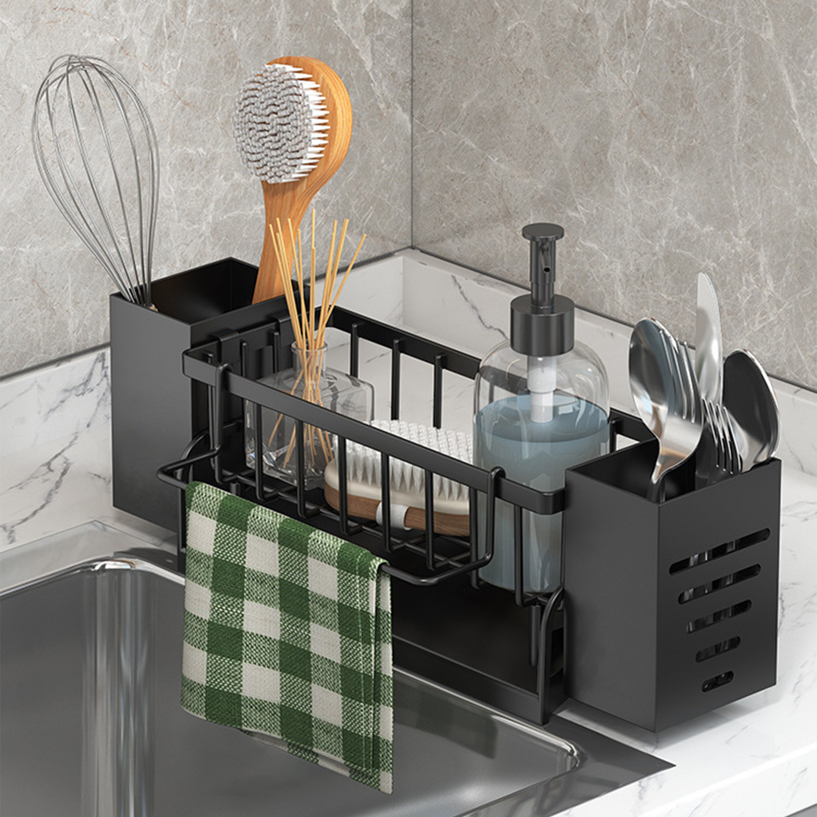 Xuniizn Pantry Organizers and Storage - Kitchen Organizers and Storage Rack, Sink Countertop Multifunctional Holder for Rags, Chopsticks, Knives & Forks - Kitchen Organization & Storage Solution Black - Image 5