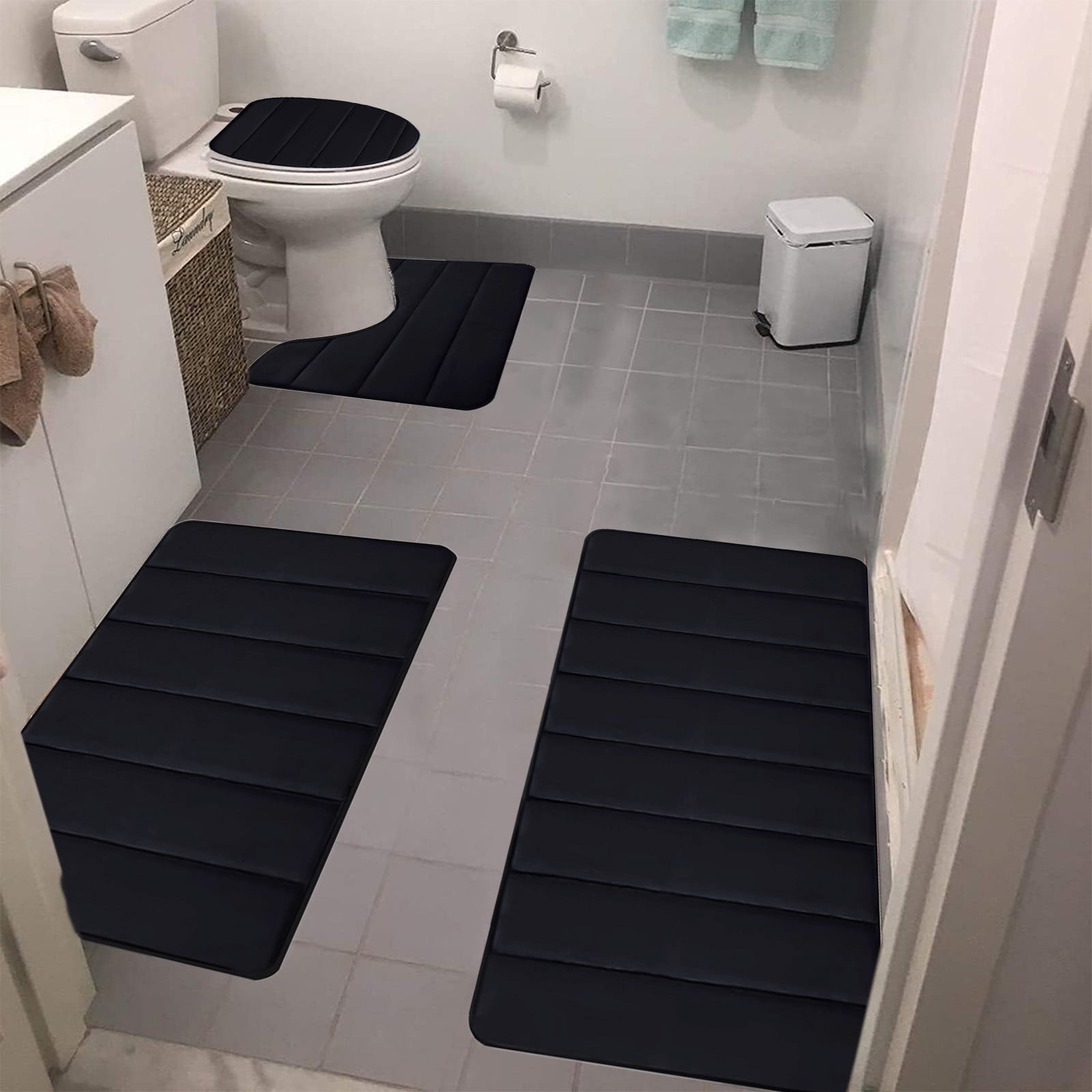 Xuniizn Bathroom Rugs Sets 4 Piece, Bath Mat Set and Oval Toilet Base with Rubber Backing, Plush Absorbent Shaggy Chenille Washable Mats, Includes 16x24