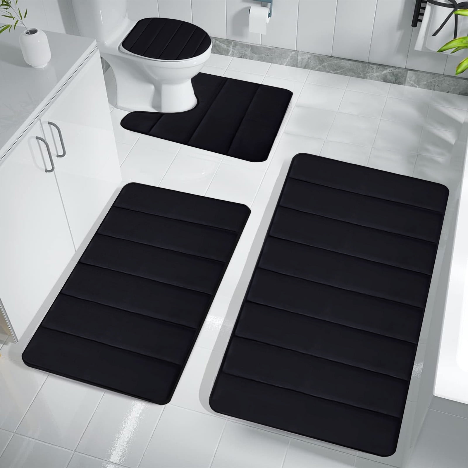 Xuniizn Bathroom Rugs Sets 4 Piece, Bath Mat Set and Oval Toilet Base with Rubber Backing, Plush Absorbent Shaggy Chenille Washable Mats, Includes 16x24