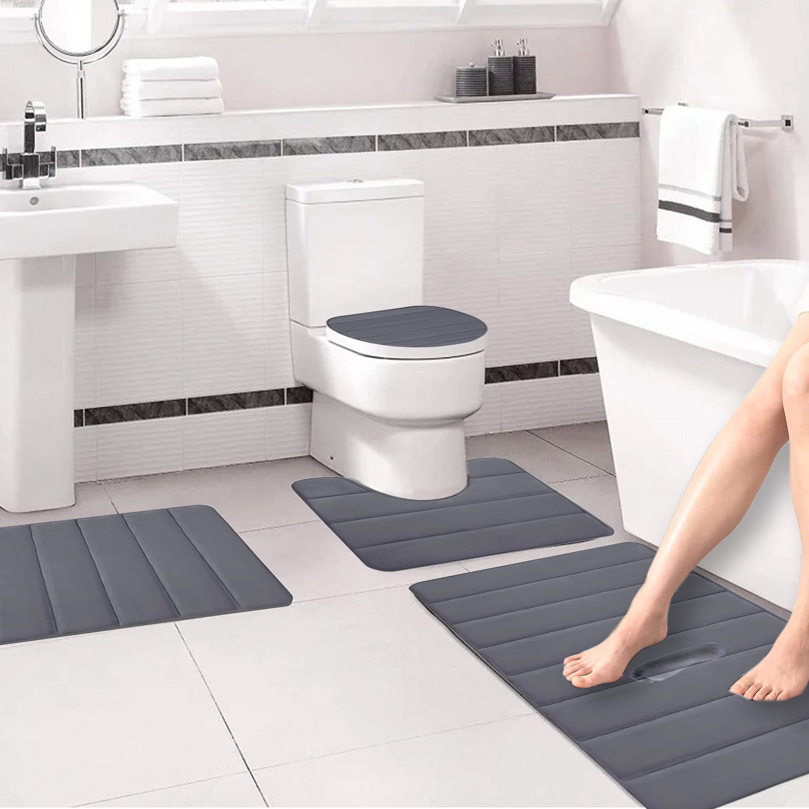 Xuniizn Bathroom Rugs Sets 4 Piece, Bath Mat Set and Oval Toilet Base with Rubber Backing, Plush Absorbent Shaggy Chenille Washable Mats, Includes 16x24