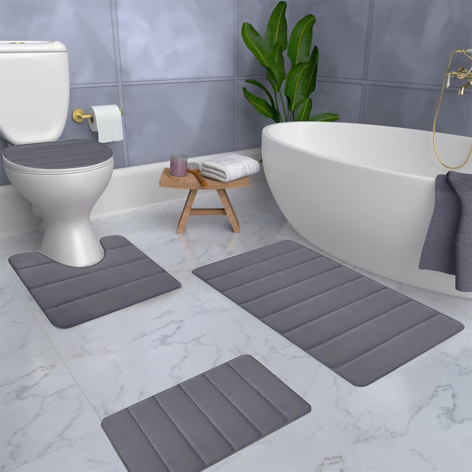 Xuniizn Bathroom Rugs Sets 4 Piece, Bath Mat Set and Oval Toilet Base with Rubber Backing, Plush Absorbent Shaggy Chenille Washable Mats, Includes 16x24